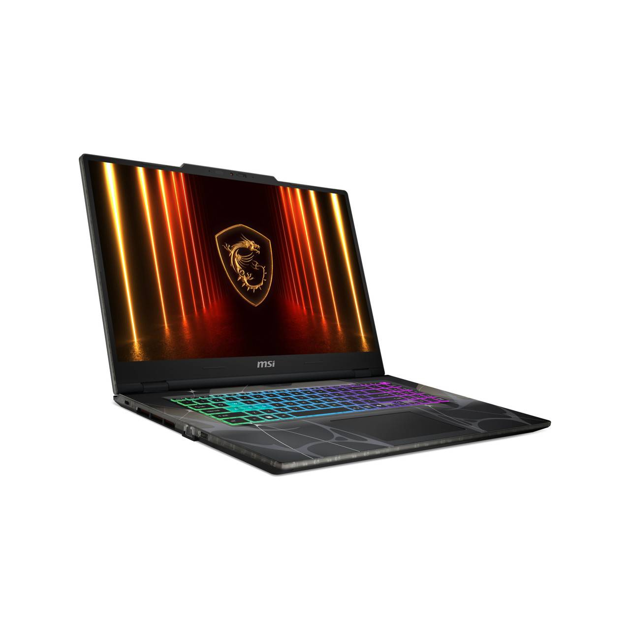 Arkadan aydınlatmalı klavyeli ve ekranda ejderha logosu olan siyah MSI dizüstü bilgisayar.