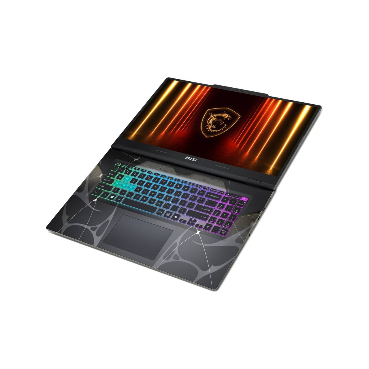 Arkadan aydınlatmalı klavyeli ve ekranda ejderha logosu olan açık bir MSI dizüstü bilgisayar.