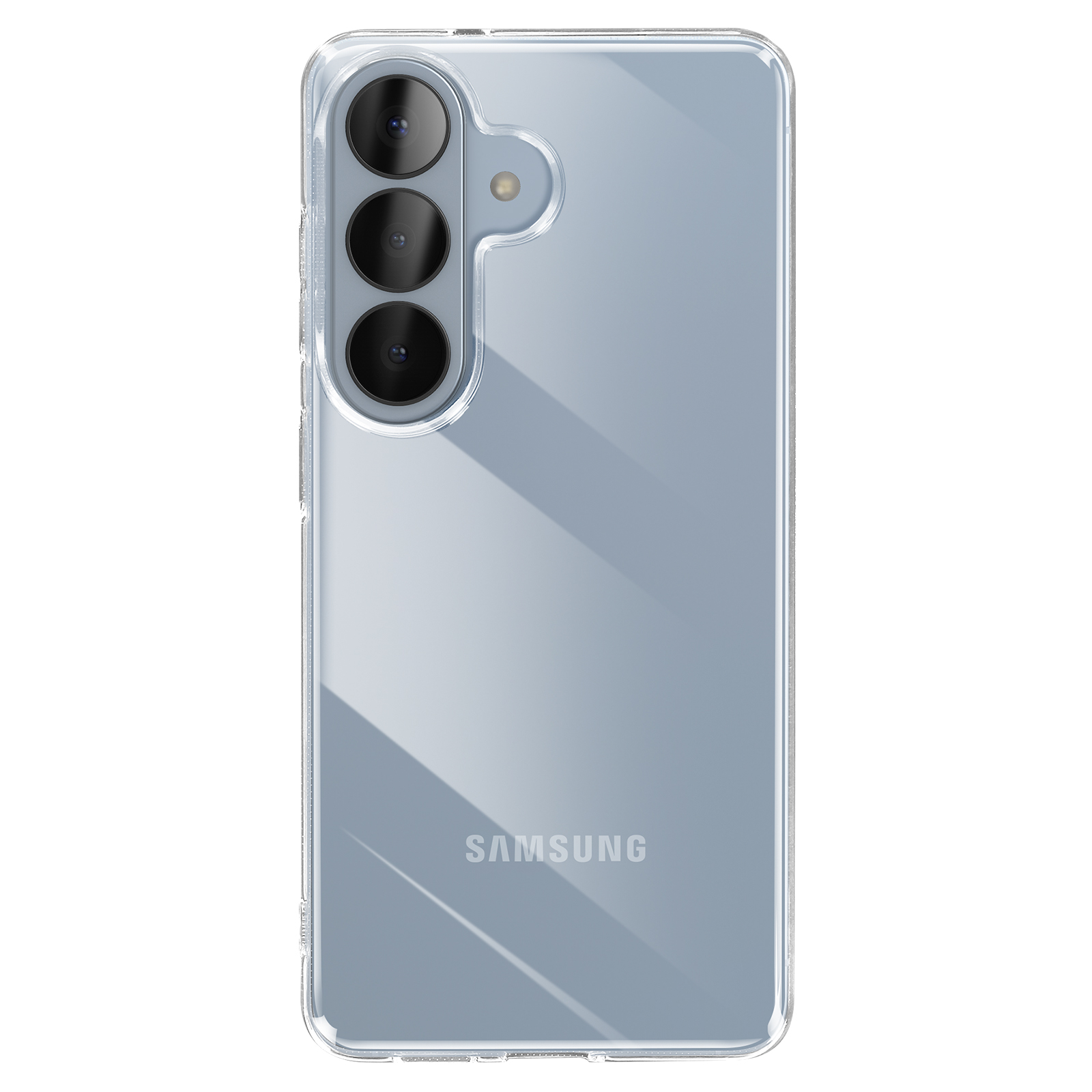 Custodia trasparente per telefono con tre lenti e logo Samsung.