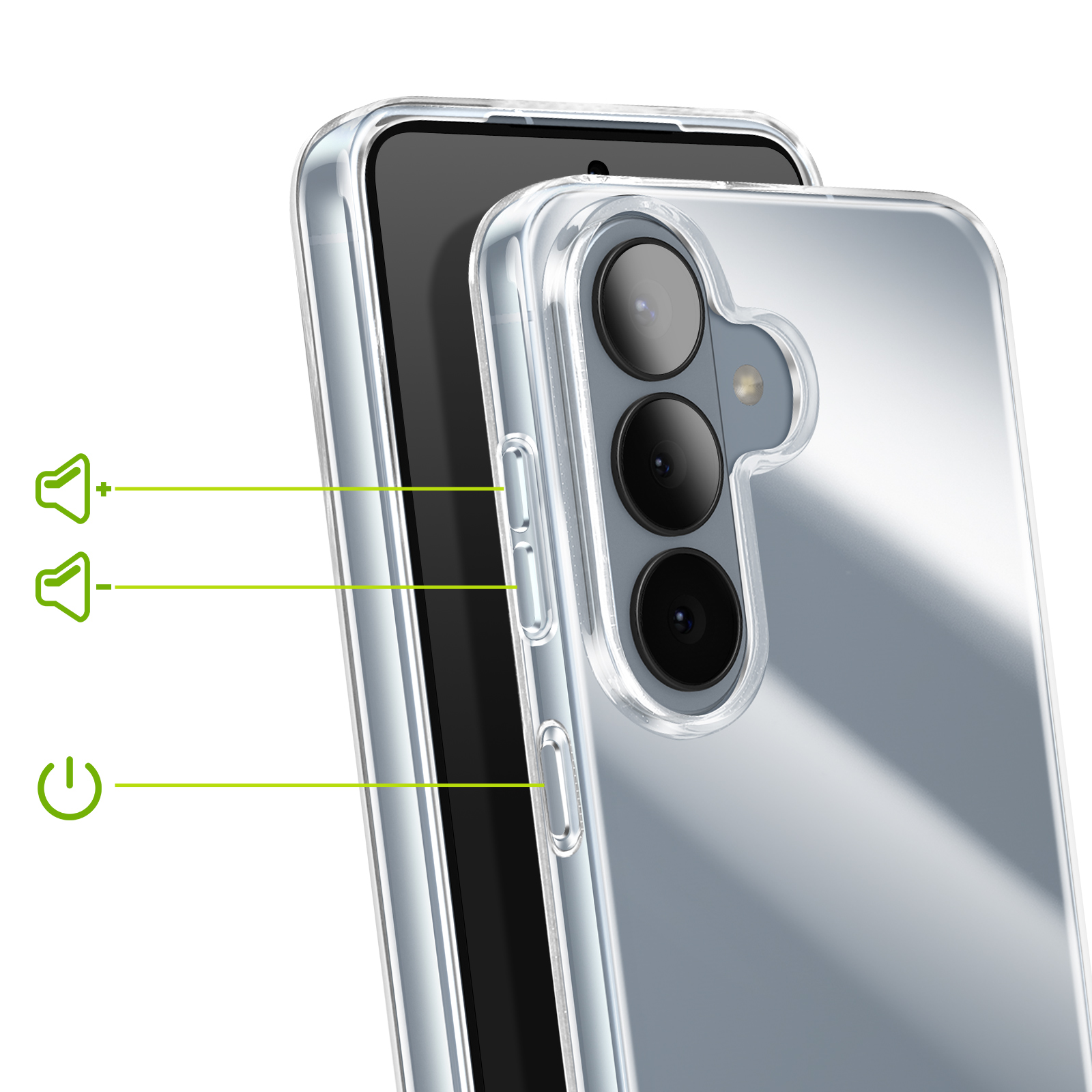 Coque de téléphone transparente montrant les boutons volume et marche/arrêt.