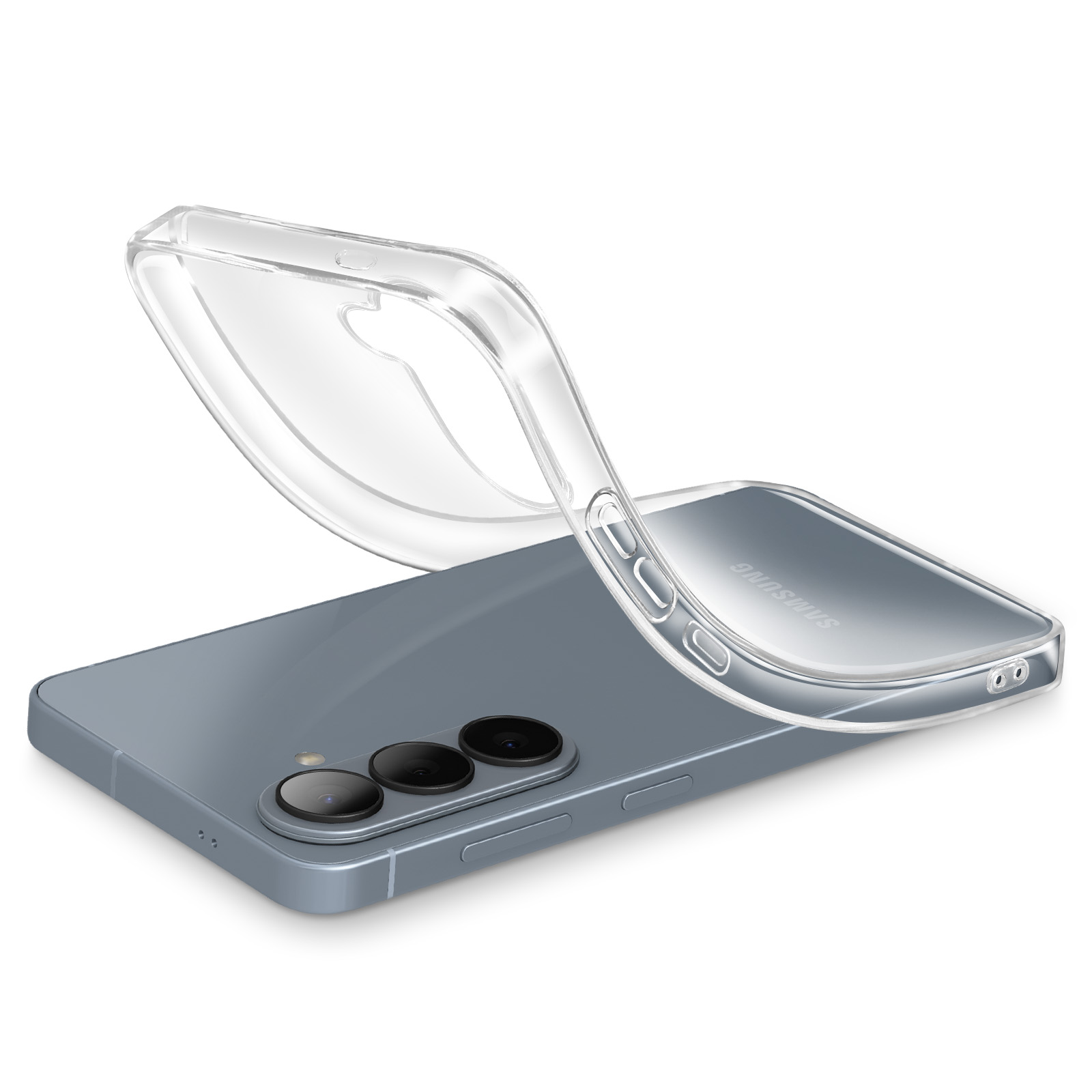Une coque de téléphone transparente repose sur un smartphone gris.