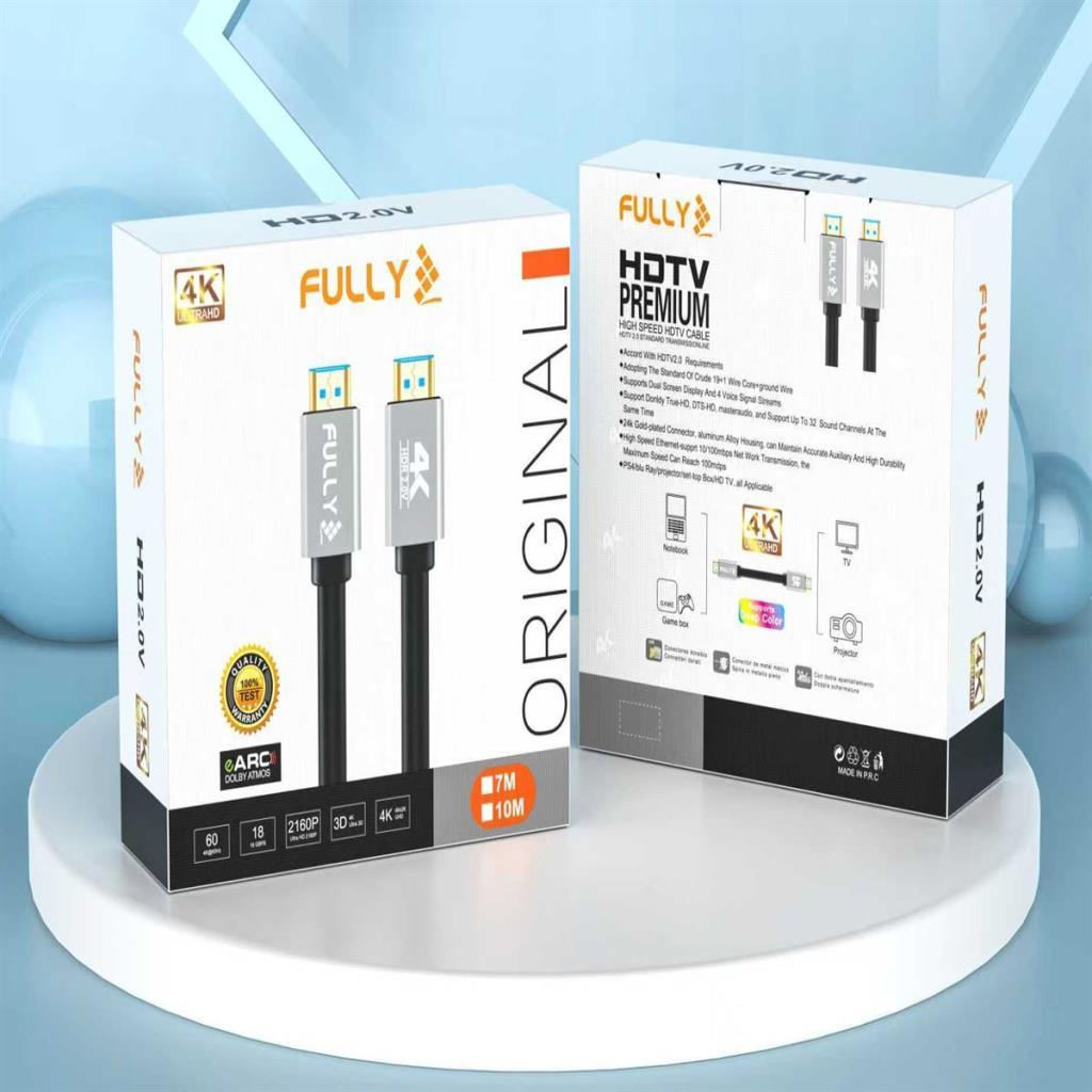 'FULLY' ve 'ORIGINAL' markalı iki HDMI kablosunun ambalajı.