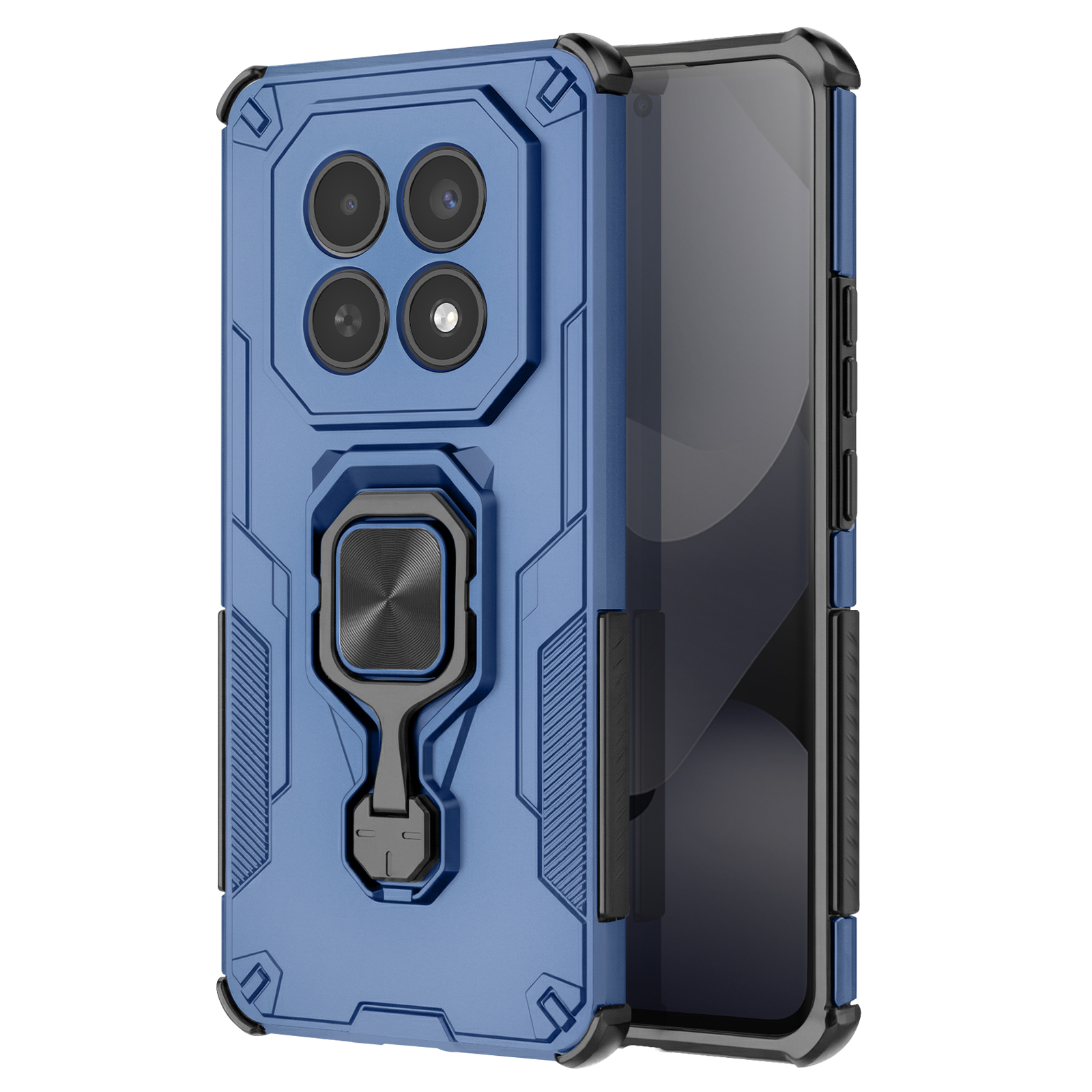 Coque de téléphone bleue avec support anneau et quatre objectifs.