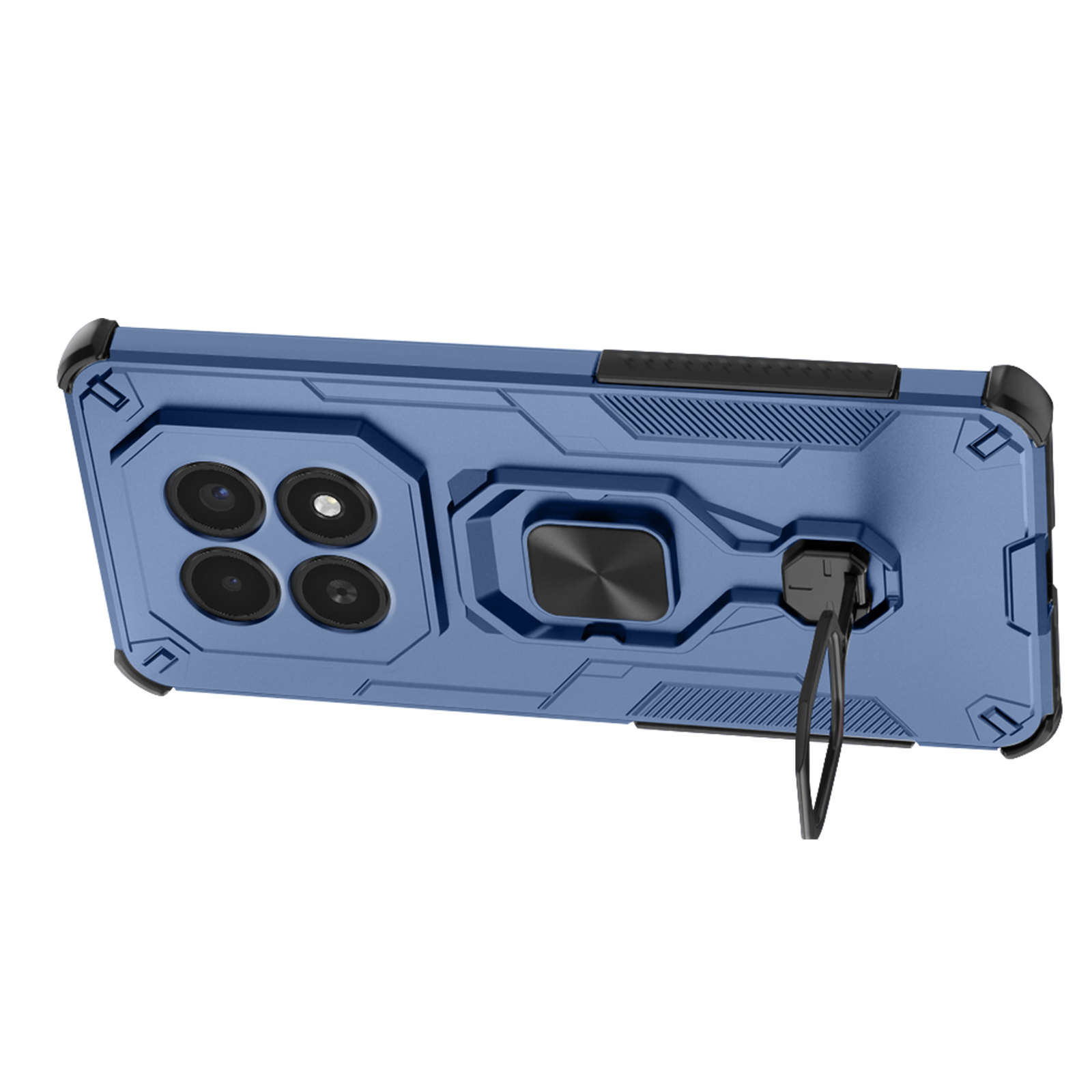 Coque de téléphone bleue avec quatre caméras et support anneau.