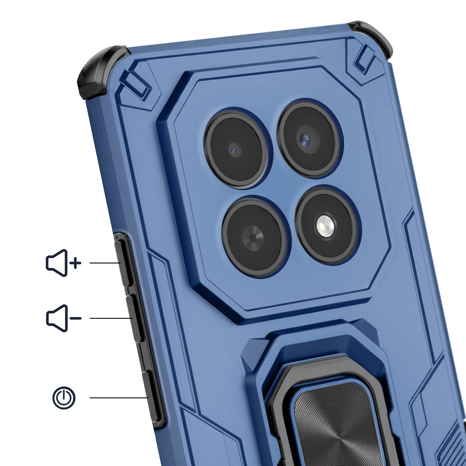 Coque de téléphone bleue avec quatre caméras, boutons volume et alimentation.