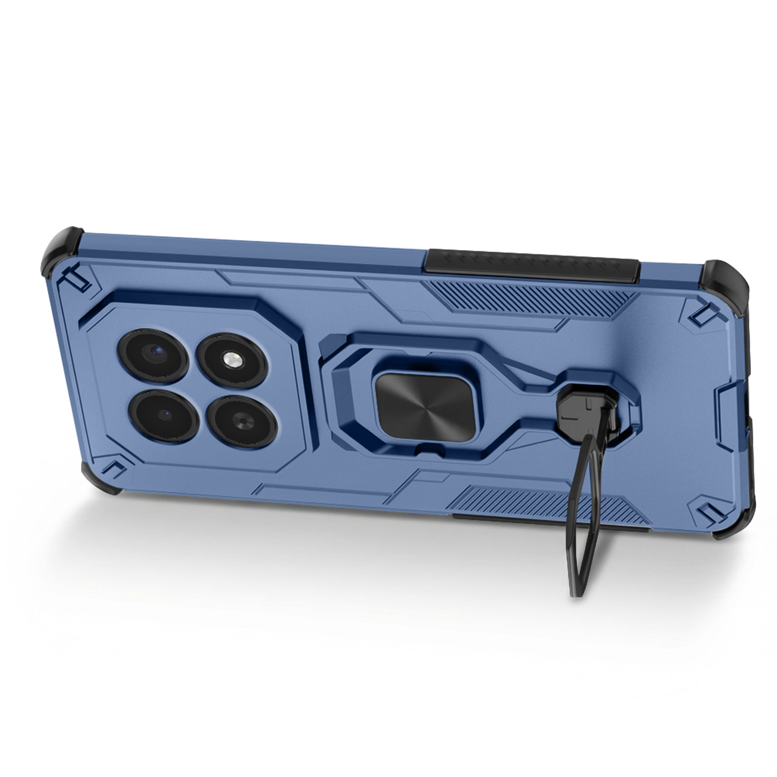 Coque de téléphone bleue avec quatre caméras et support anneau.