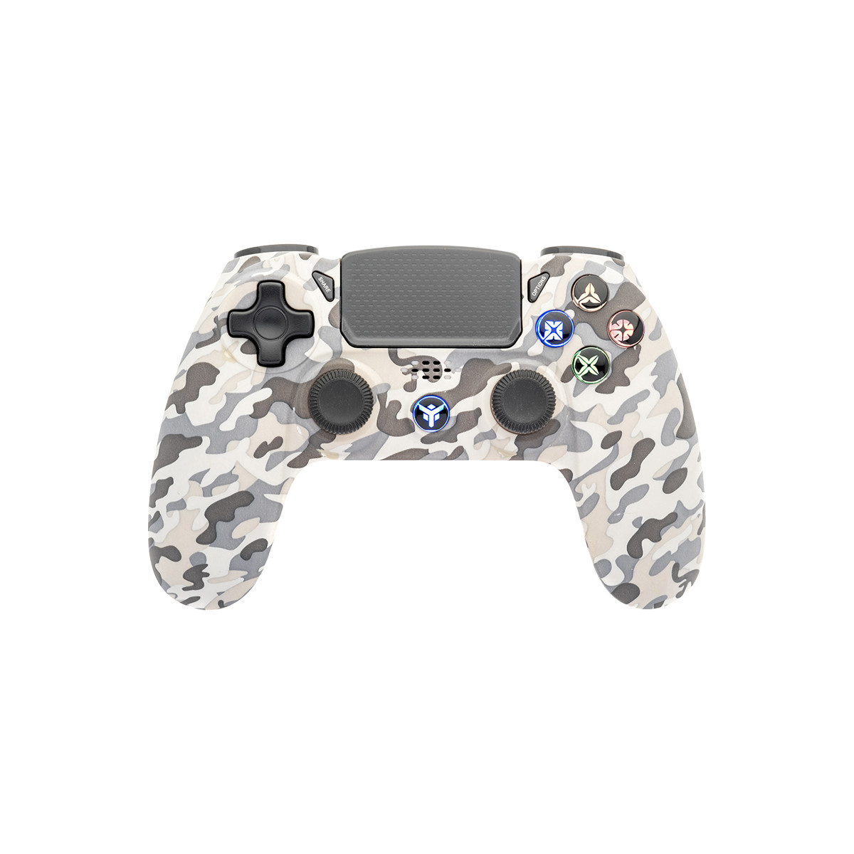 Un controller di gioco con motivo mimetico bianco e grigio e pulsanti neri.