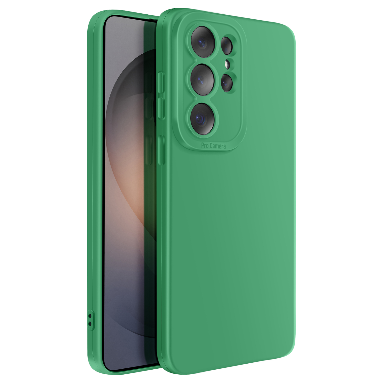 Groene telefoonhoes met cameralenzen en knoppen op witte achtergrond.