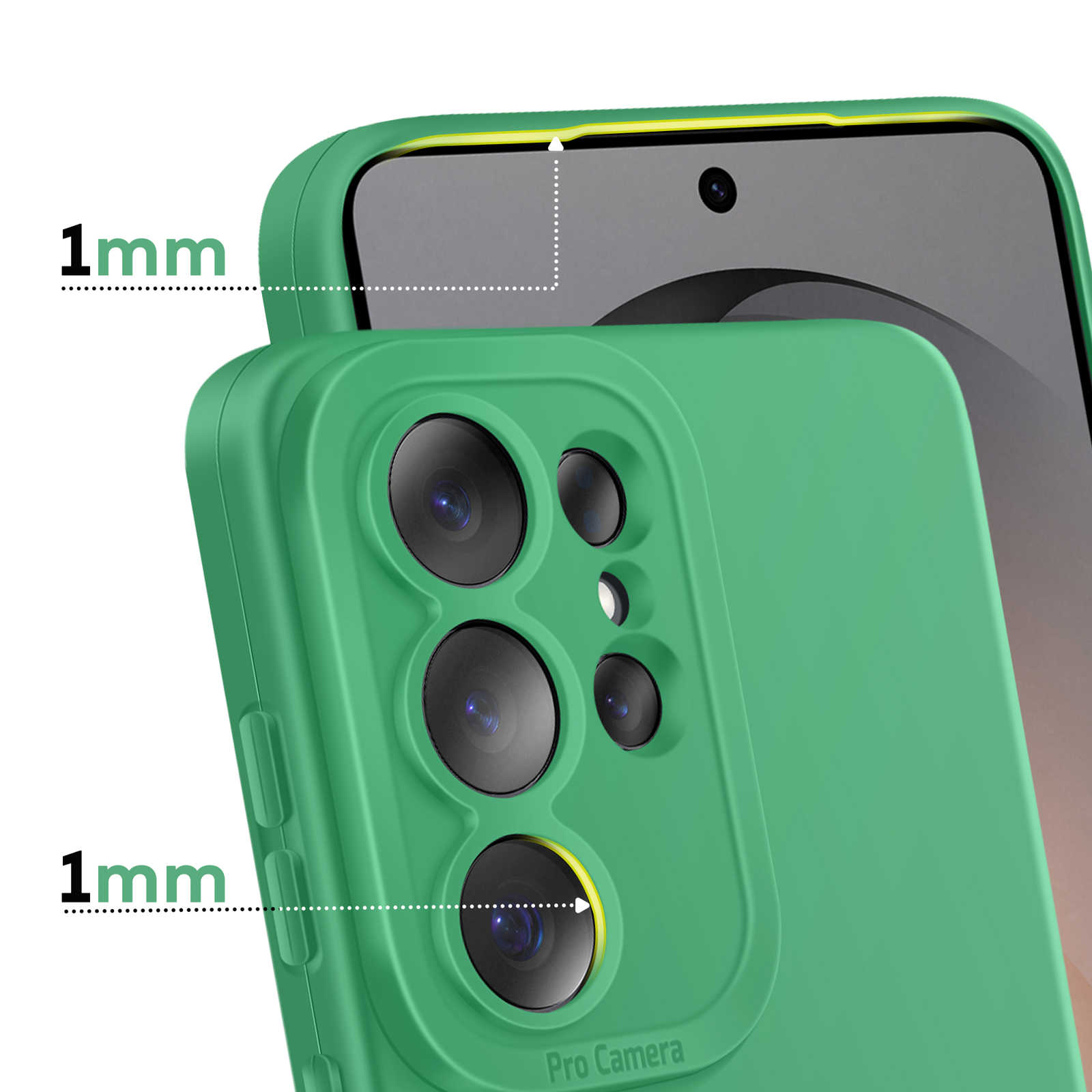 Groene telefoonhoes met 1 mm verhoogde randen rond camera.