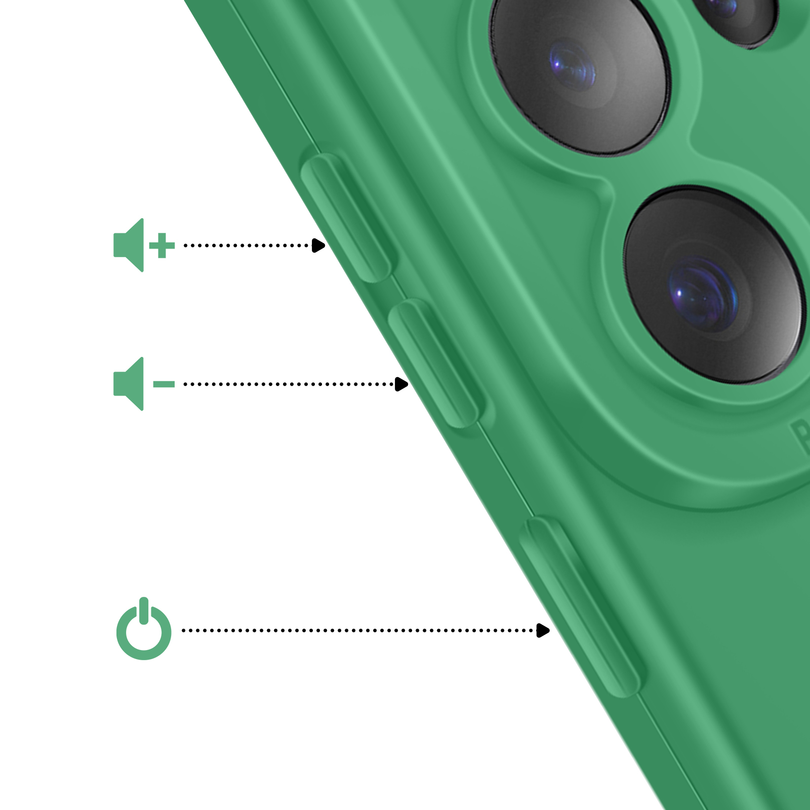 Groene telefoon met volume- en aan/uit-knoppen. Camerlenzen zichtbaar.