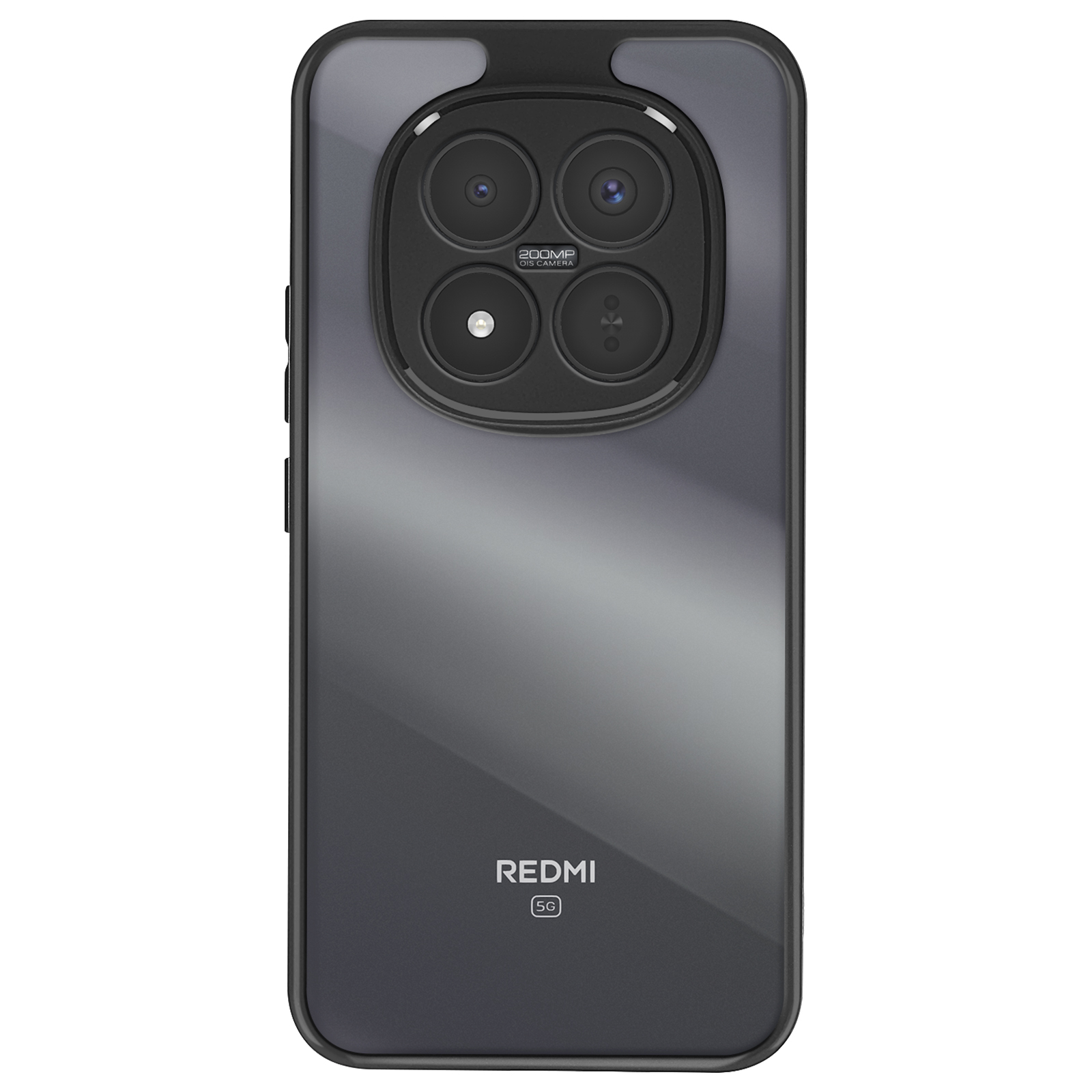 Achterkant van een grijze smartphone met vier camera's en Redmi 5G-logo.