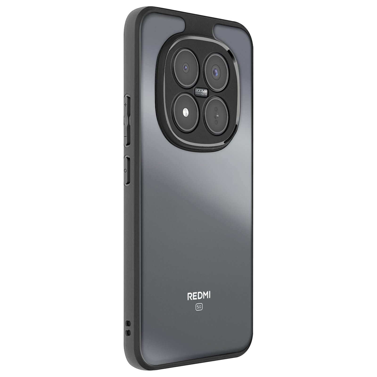 Grijze telefoonhoes met quad camera en Redmi 5G logo.