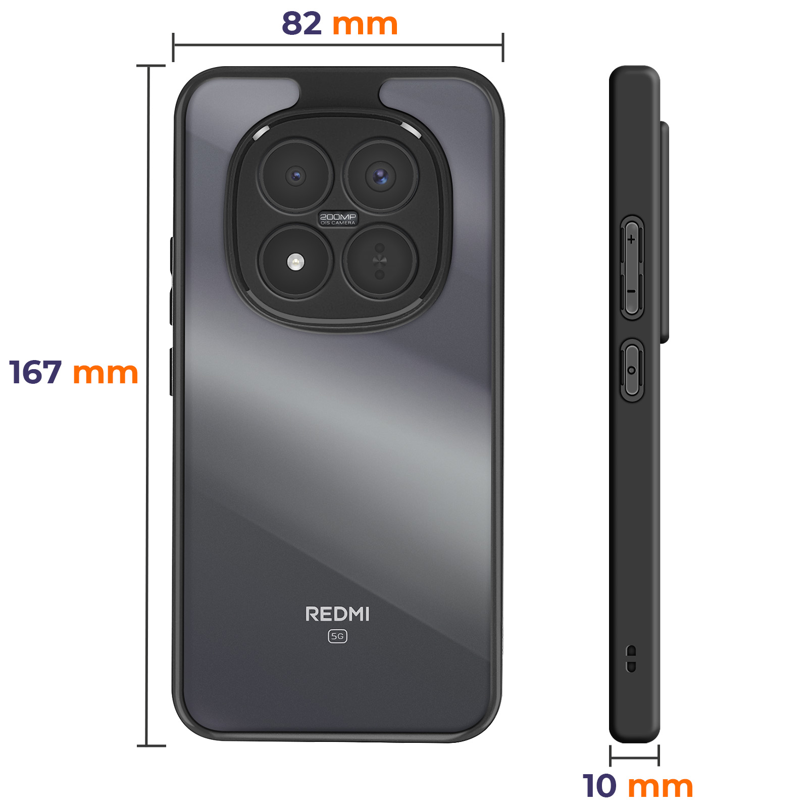 Achter- en zijaanzicht van een zwarte smartphone met 4 camera's en afmetingen.