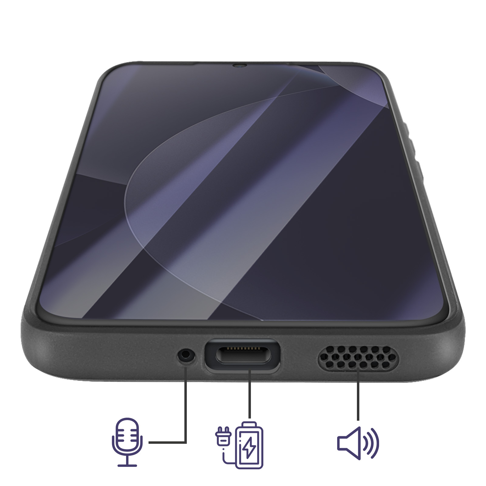 Bovenaanzicht van een smartphone met poorten: microfoon, oplaadpoort en luidspreker.