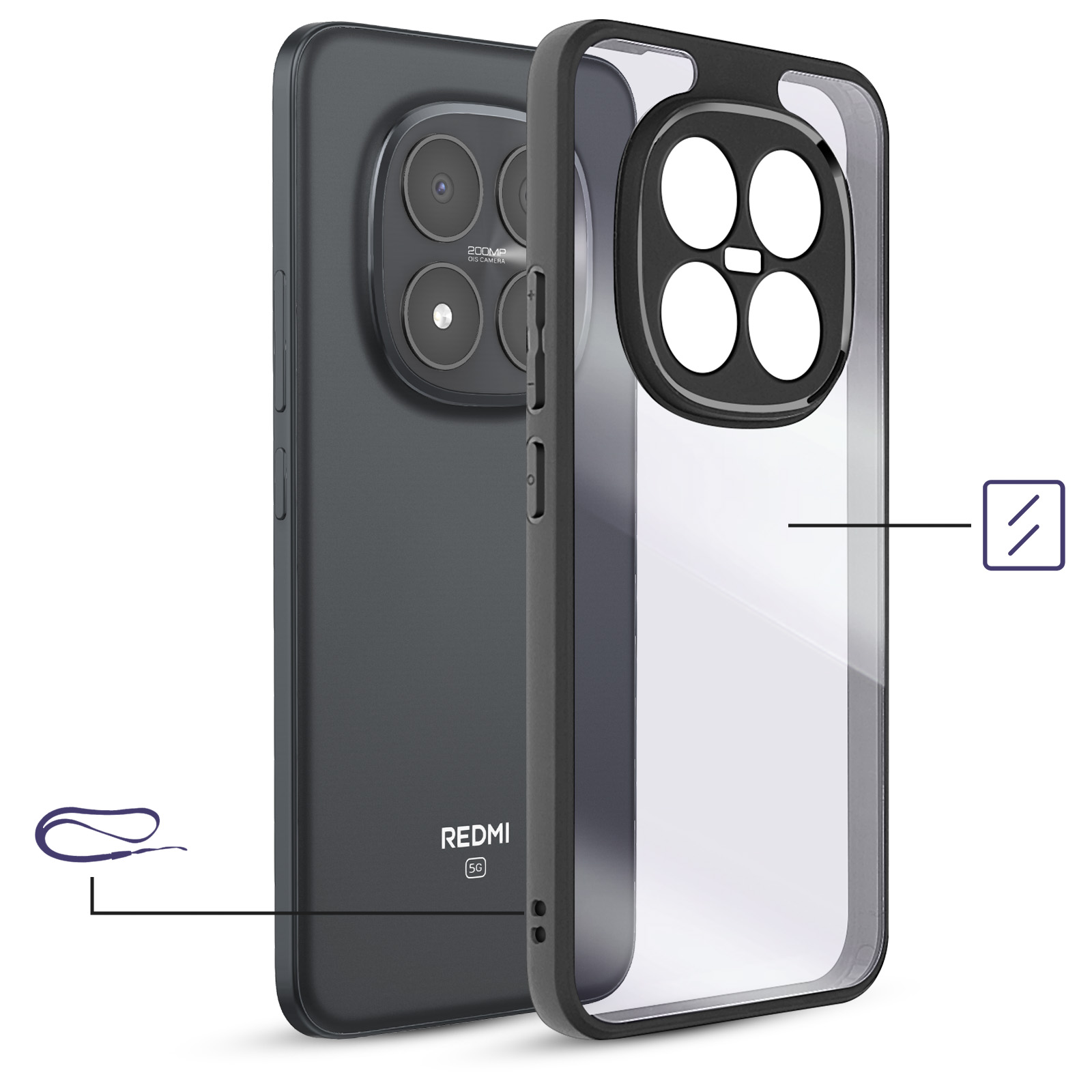 Een donkere telefoon met vier camera's en ernaast een doorzichtige hoes.