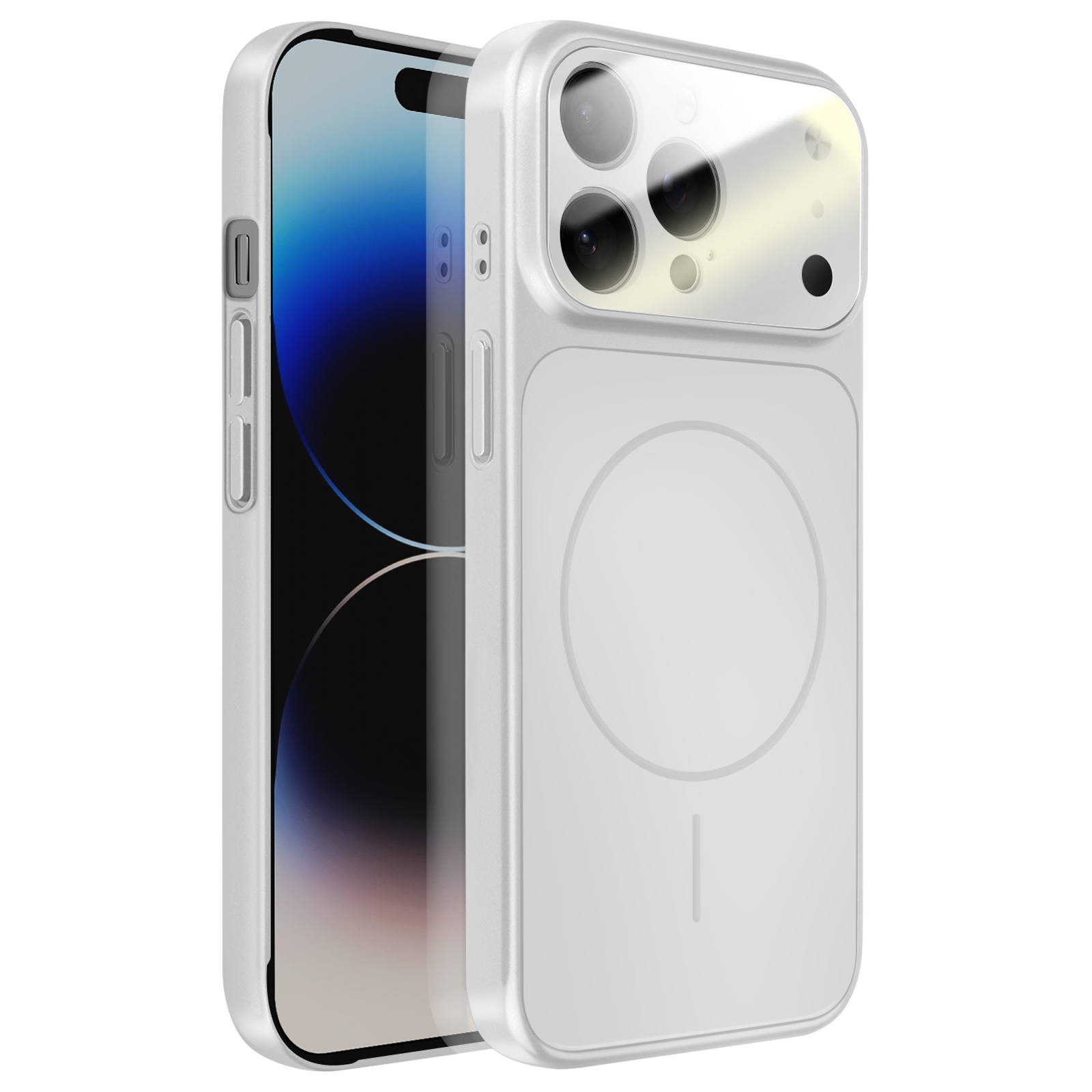 Een witte iPhone met een doorzichtige hoes, liggend op een witte ondergrond.