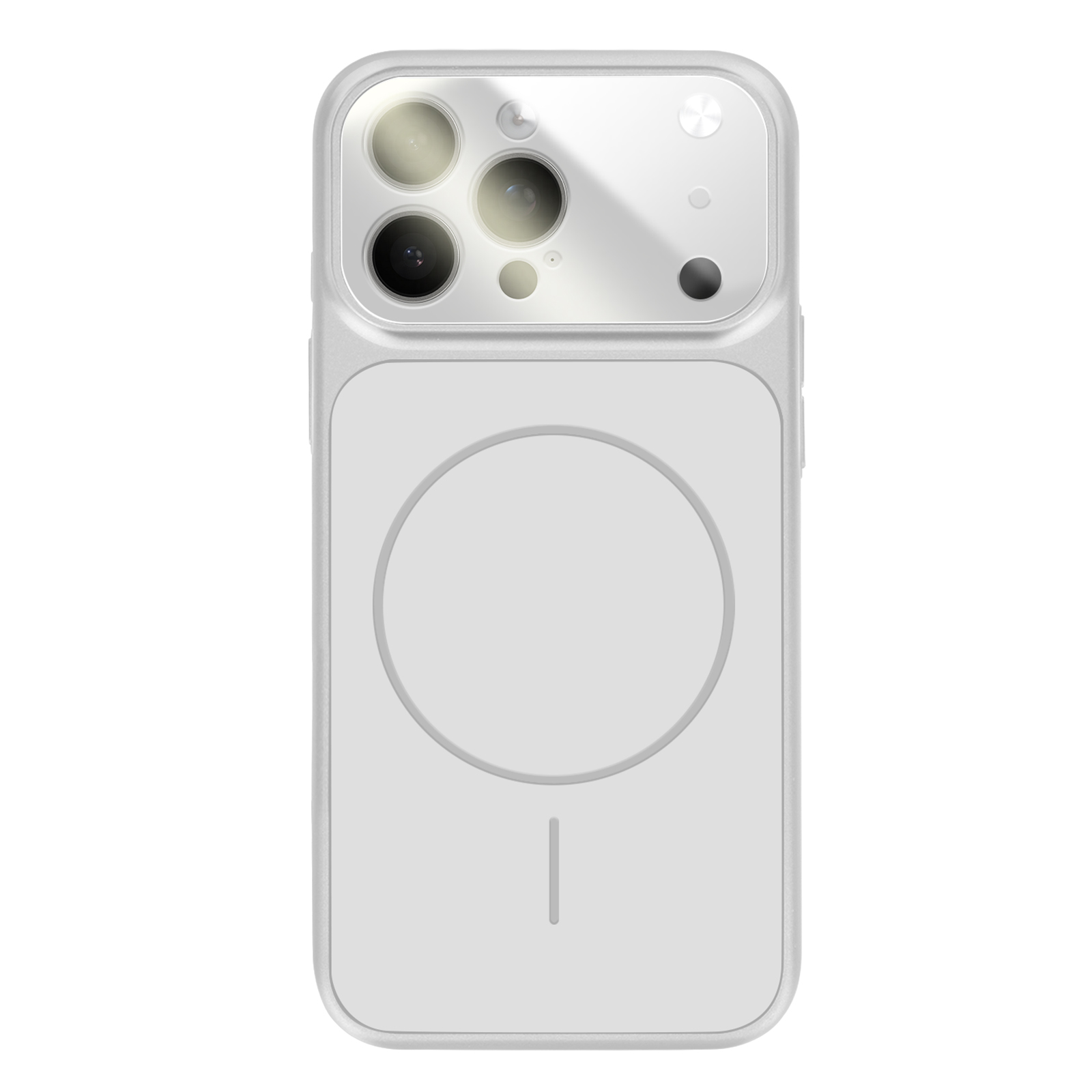 Een witte telefoonhoes met cameramodule en cirkelvormige omtrek.