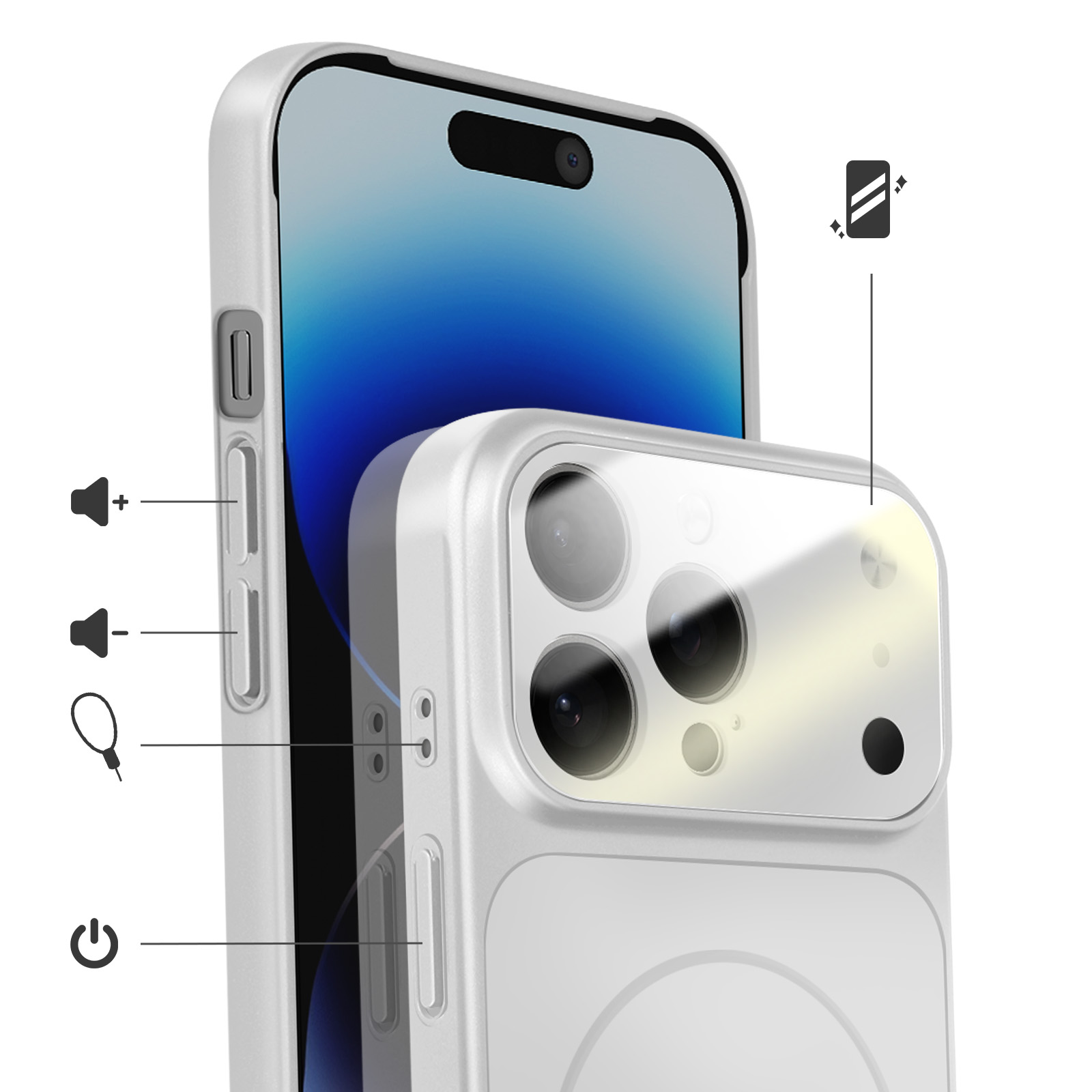Een witte smartphone met cameralenzen en zijknopjes.