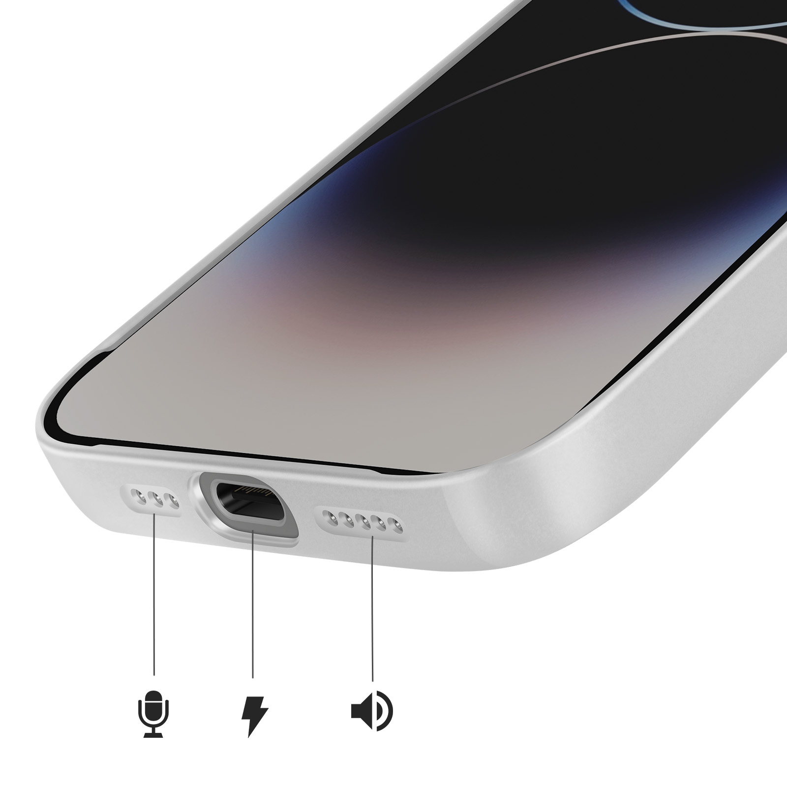 Close-up van de onderrand van een witte smartphone, met oplaadpoort, microfoon- en luidsprekerpictogrammen.