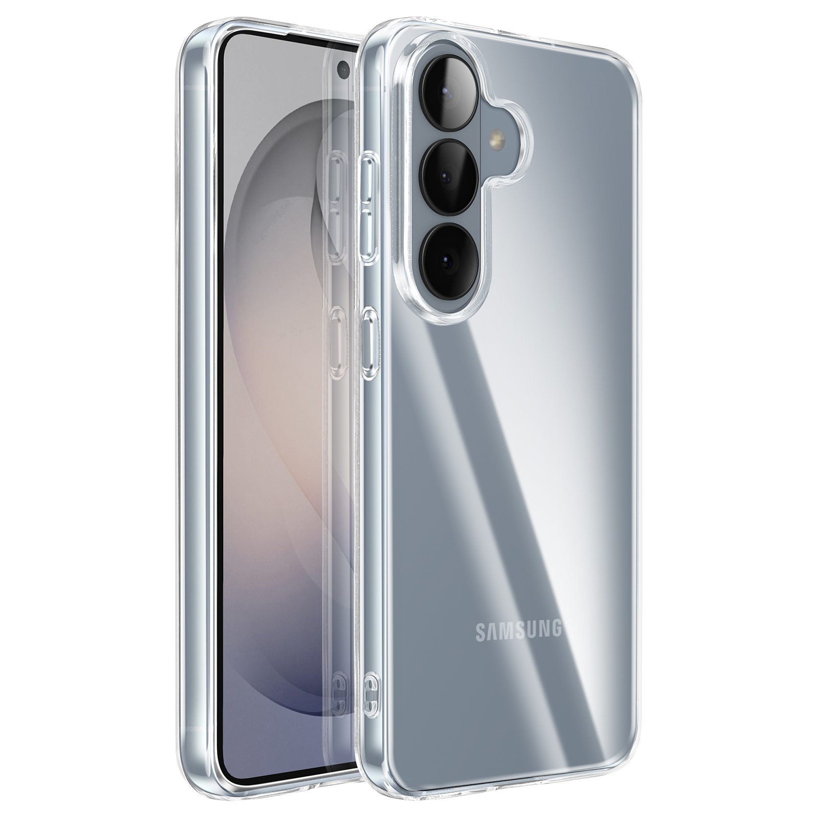 Une coque de téléphone transparente montre le module caméra et le logo Samsung.