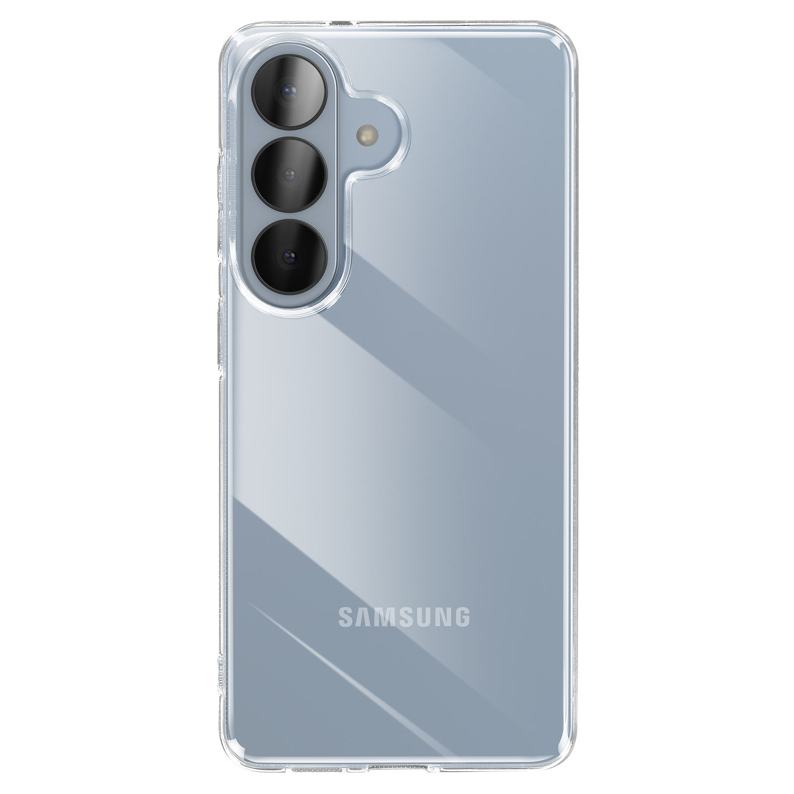 Une coque de téléphone transparente montrant trois objectifs de caméra et un flash.