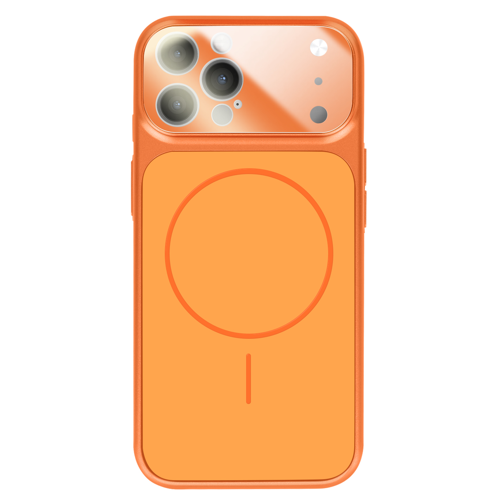 Oranje hoesje met drie cameralenzen bovenaan en een cirkel binnenin.