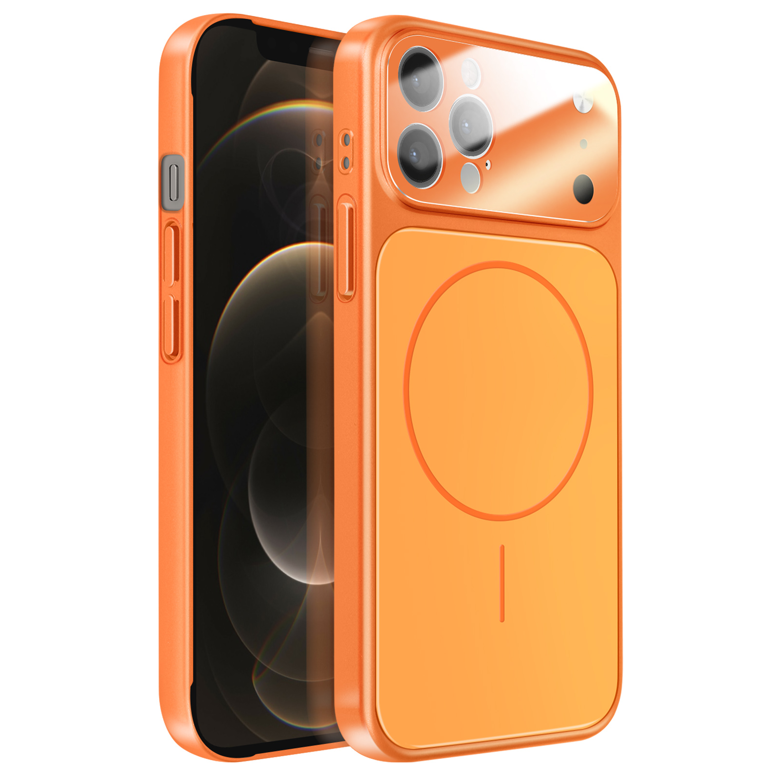 Oranje telefoonhoesje met drievoudige camera en cirkelvormige ring.