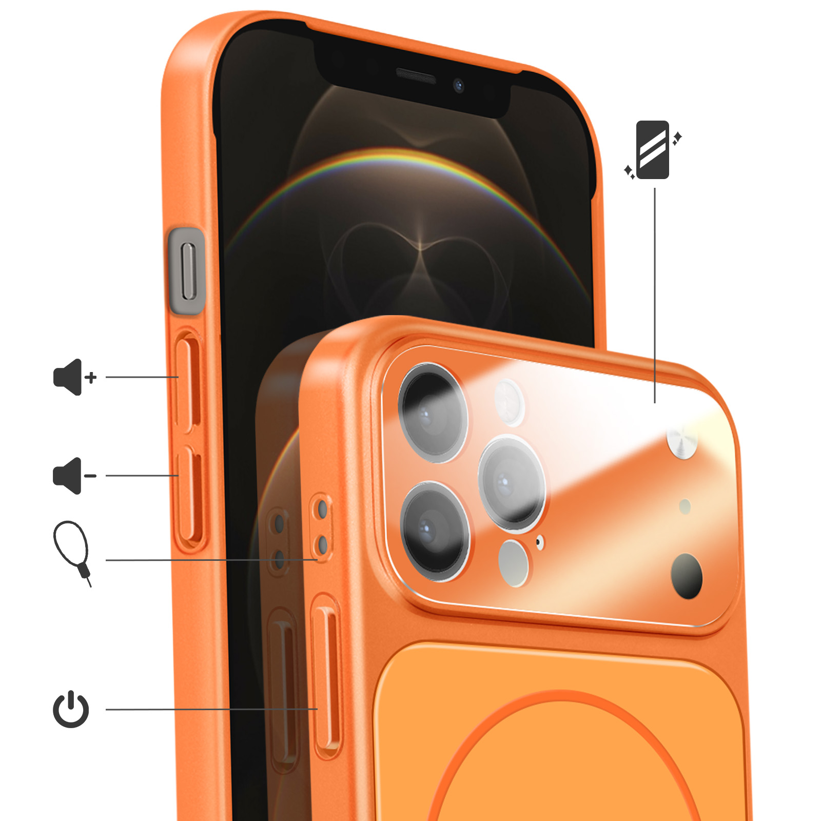 Een oranje iPhonehoesje met close-up van camera en knoppen.