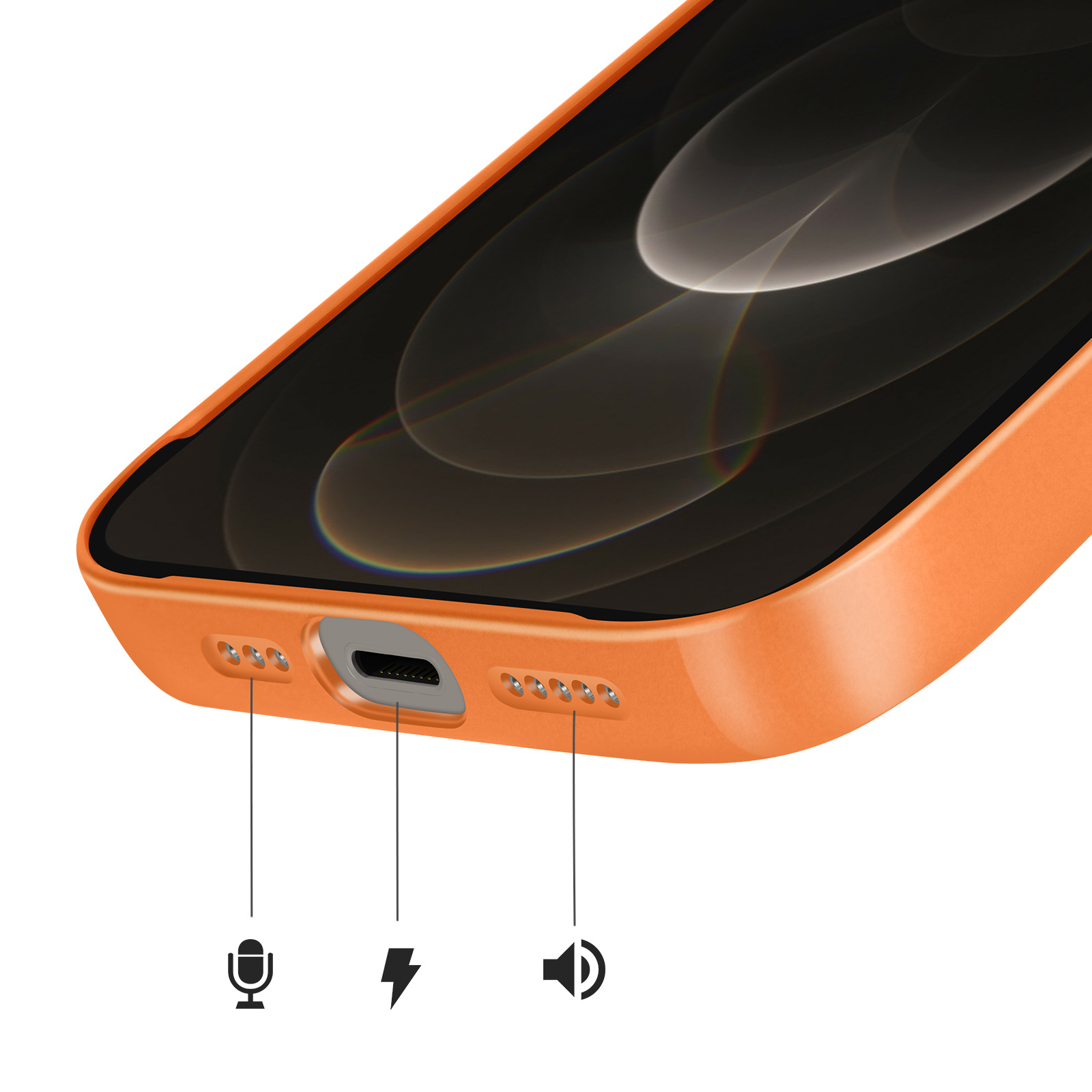 Close-up van de onderkant van een oranje smartphone met oplaadpoort, microfoon en luidsprekers.