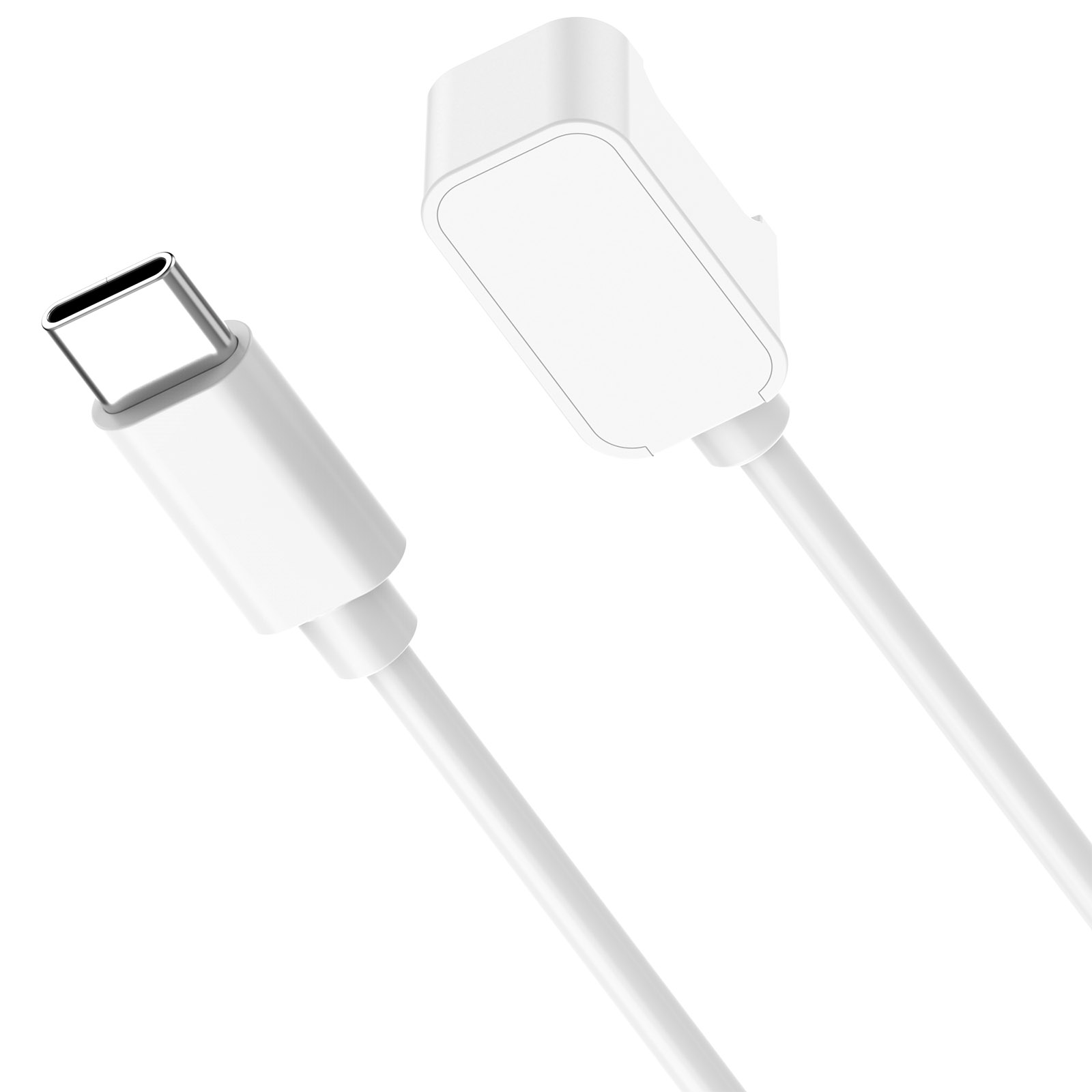 Ein weißes USB-C-Kabel mit zwei Anschlüssen, auf weißem Hintergrund.