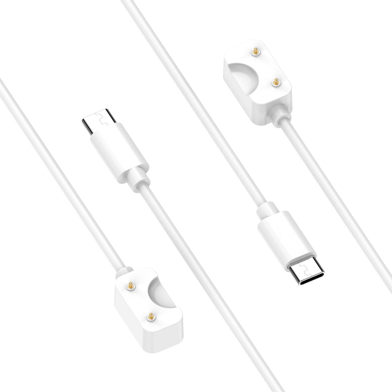 Zwei weiße USB-C-Kabel mit magnetischen Ladeenden auf weißem Hintergrund.