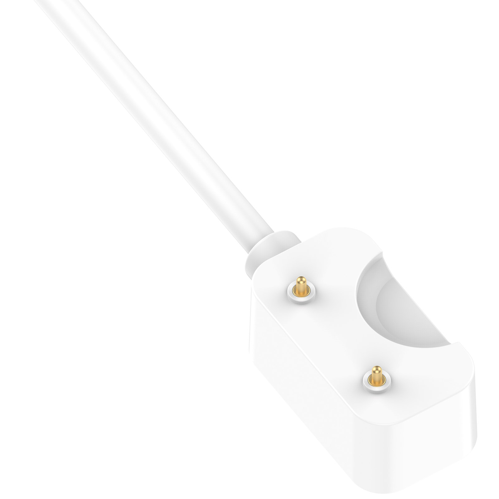 Weißes Ladekabel mit zwei goldenen Stiften und einer Aussparung.