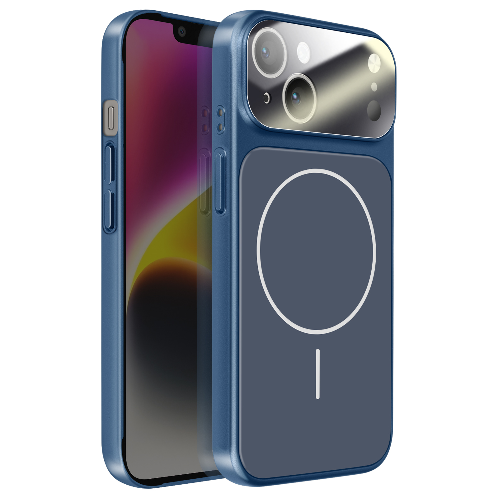 Une coque de téléphone bleue avec un îlot caméra et un motif circulaire.