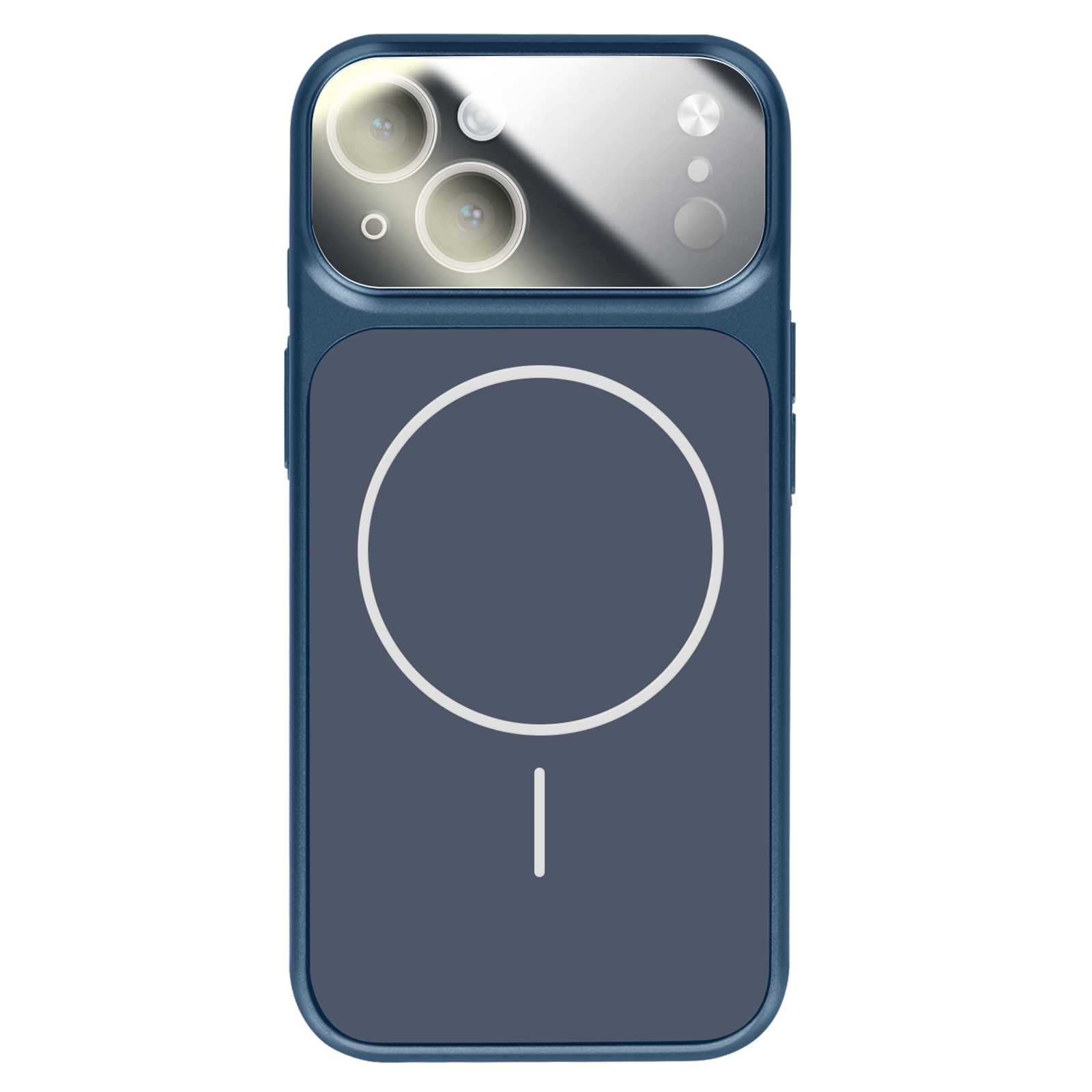 Coque de téléphone bleu foncé avec trois caméras et un symbole de cercle.