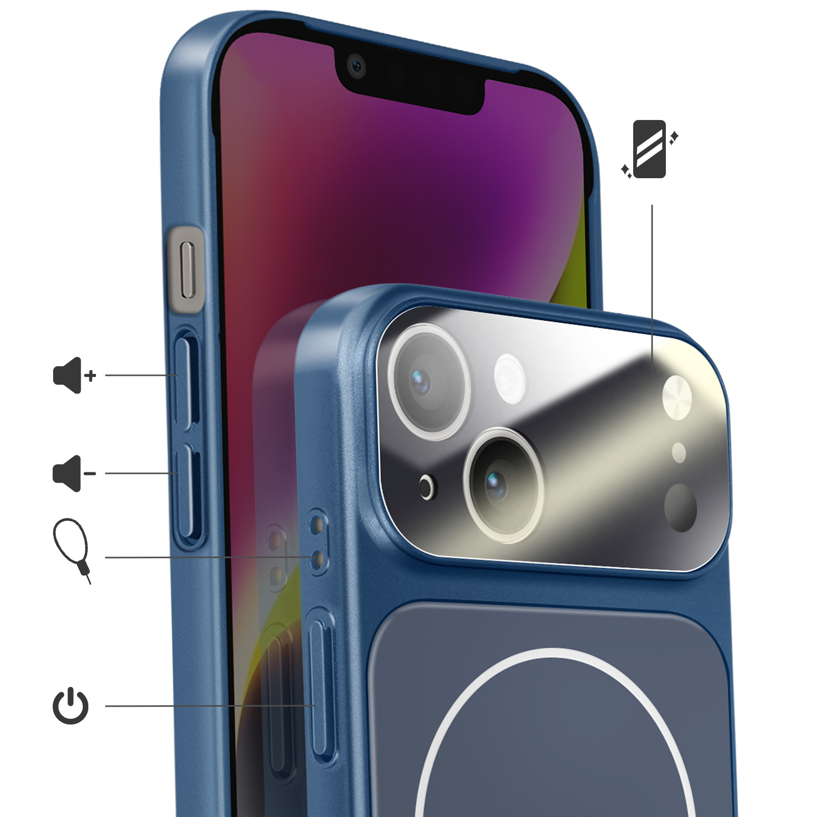 Une coque de téléphone bleue avec système de caméra et icônes volume, alimentation, muet.