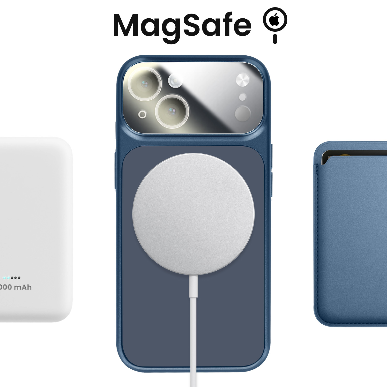 Un chargeur blanc, un iPhone bleu avec chargeur MagSafe et une coque bleue.