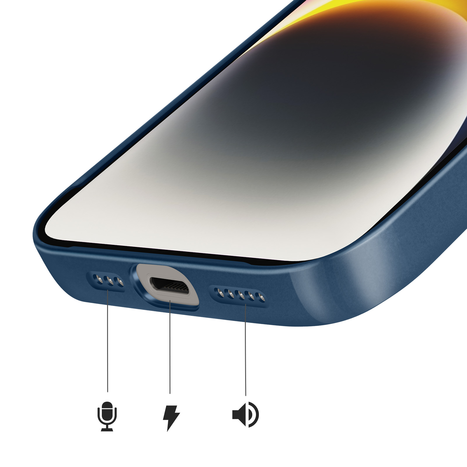 Gros plan d'une coque de téléphone bleue montrant le port de chargement et les icônes micro, éclair et haut-parleur.