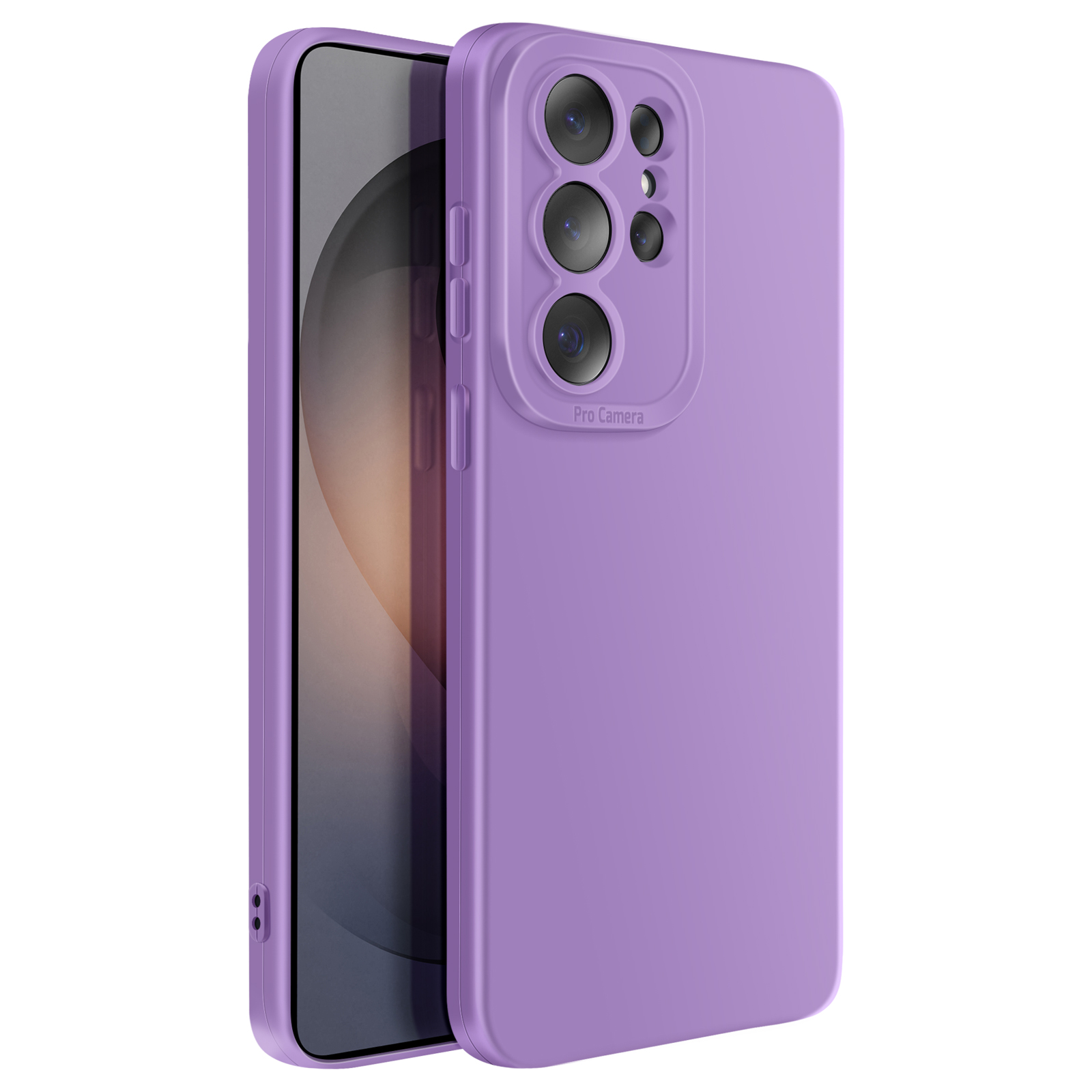Une coque de téléphone violette avec module caméra et écran.