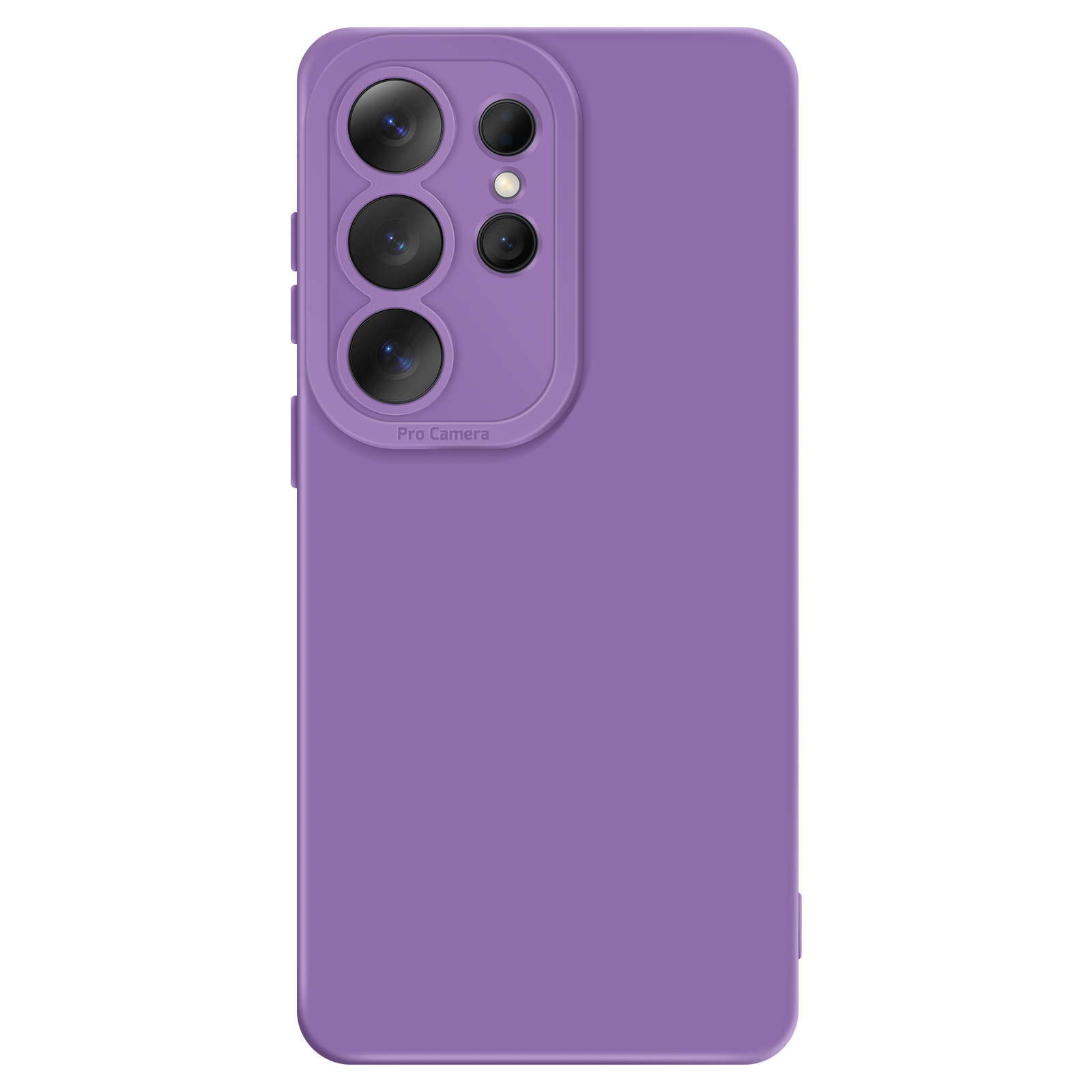 Coque de téléphone violette avec module caméra carré et quatre objectifs.