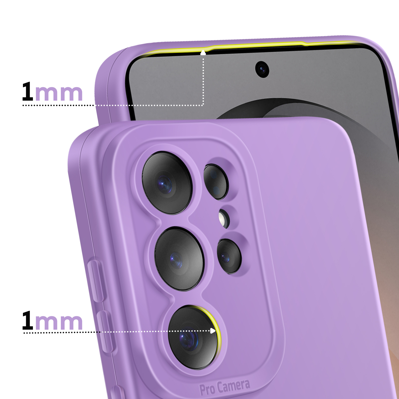 Coque de téléphone violette avec bords surélevés de 1mm.