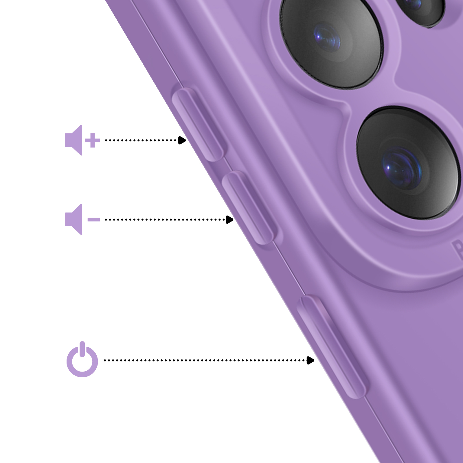 Coque de téléphone violette avec boutons volume et alimentation, gros plan.