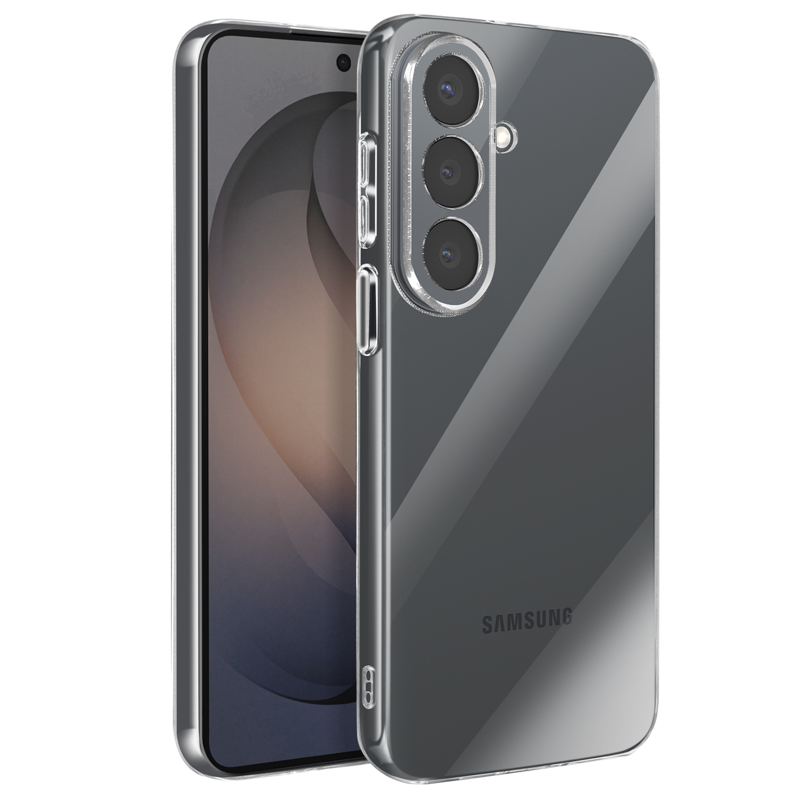 Une coque de téléphone transparente avec une unité caméra à l'arrière.