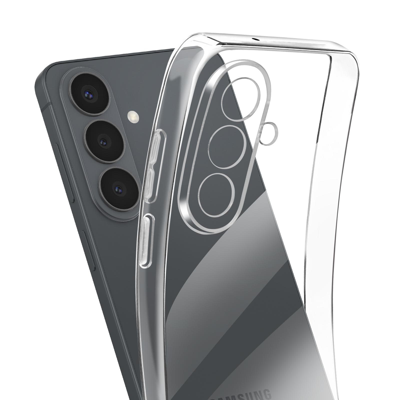 Une coque de téléphone transparente sur un smartphone gris avec trois caméras.