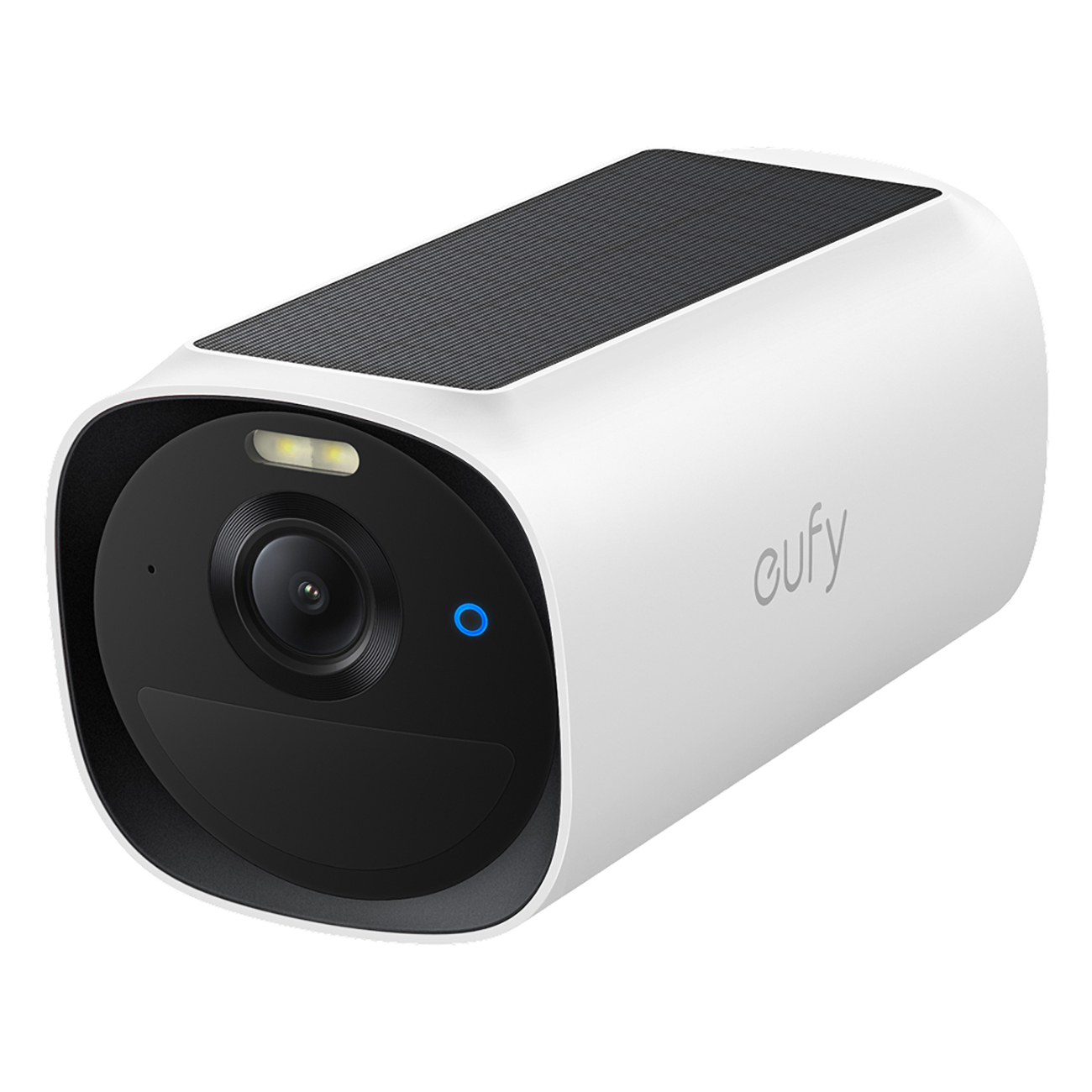 Weiße Eufy-Überwachungskamera mit Solarpanel oben und schwarzer Vorderseite.