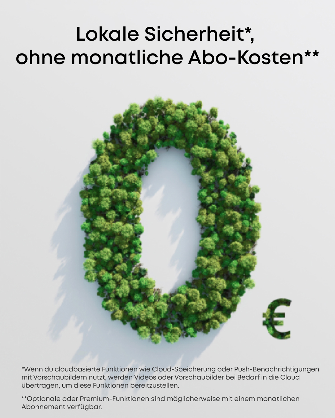 Eine grüne Zahl 0 aus Bäumen und ein Euro-Symbol vor weißem Hintergrund.
