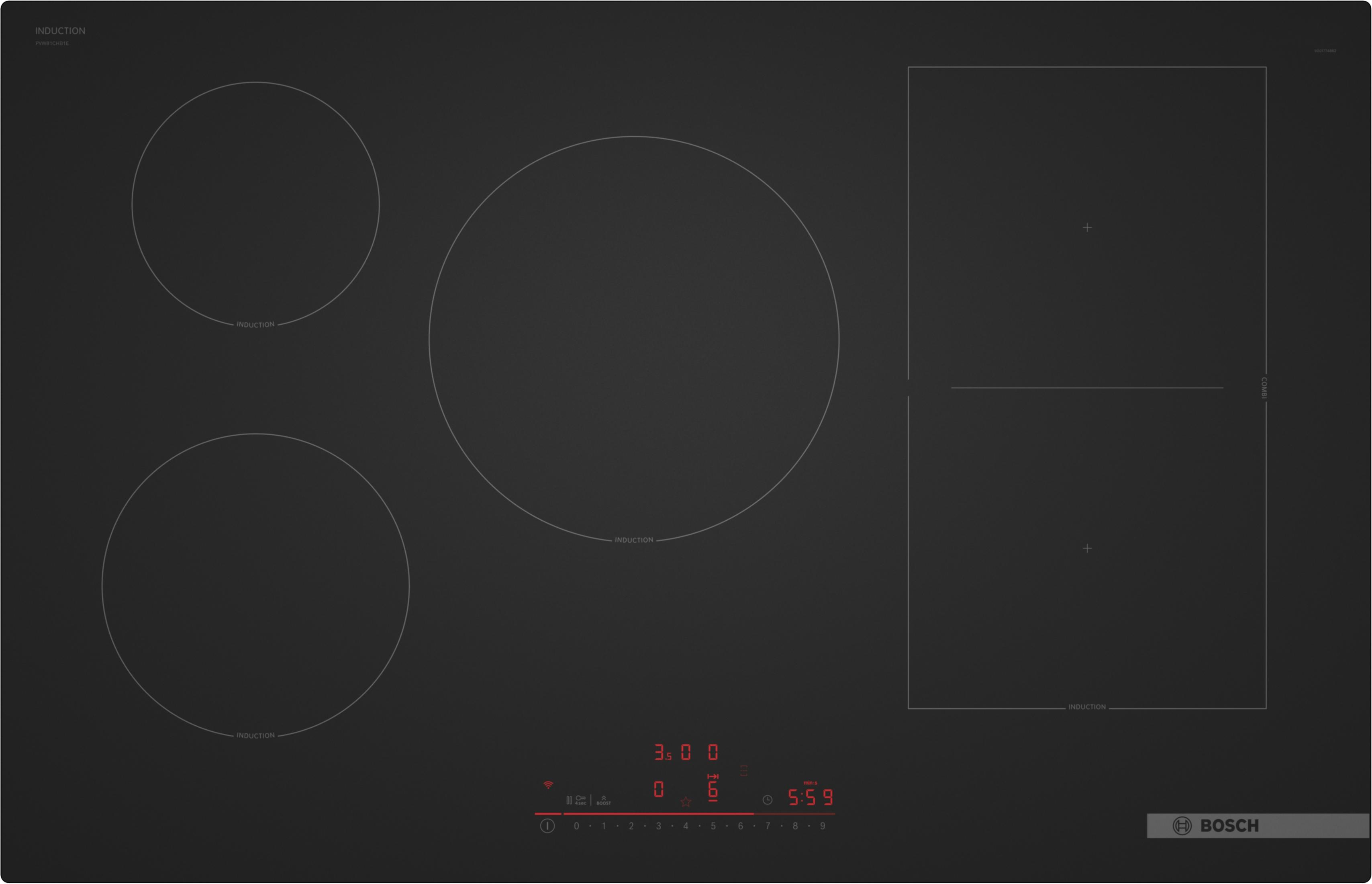 Czarna płyta indukcyjna z trzema okrągłymi i jedną prostokątną strefą combi.