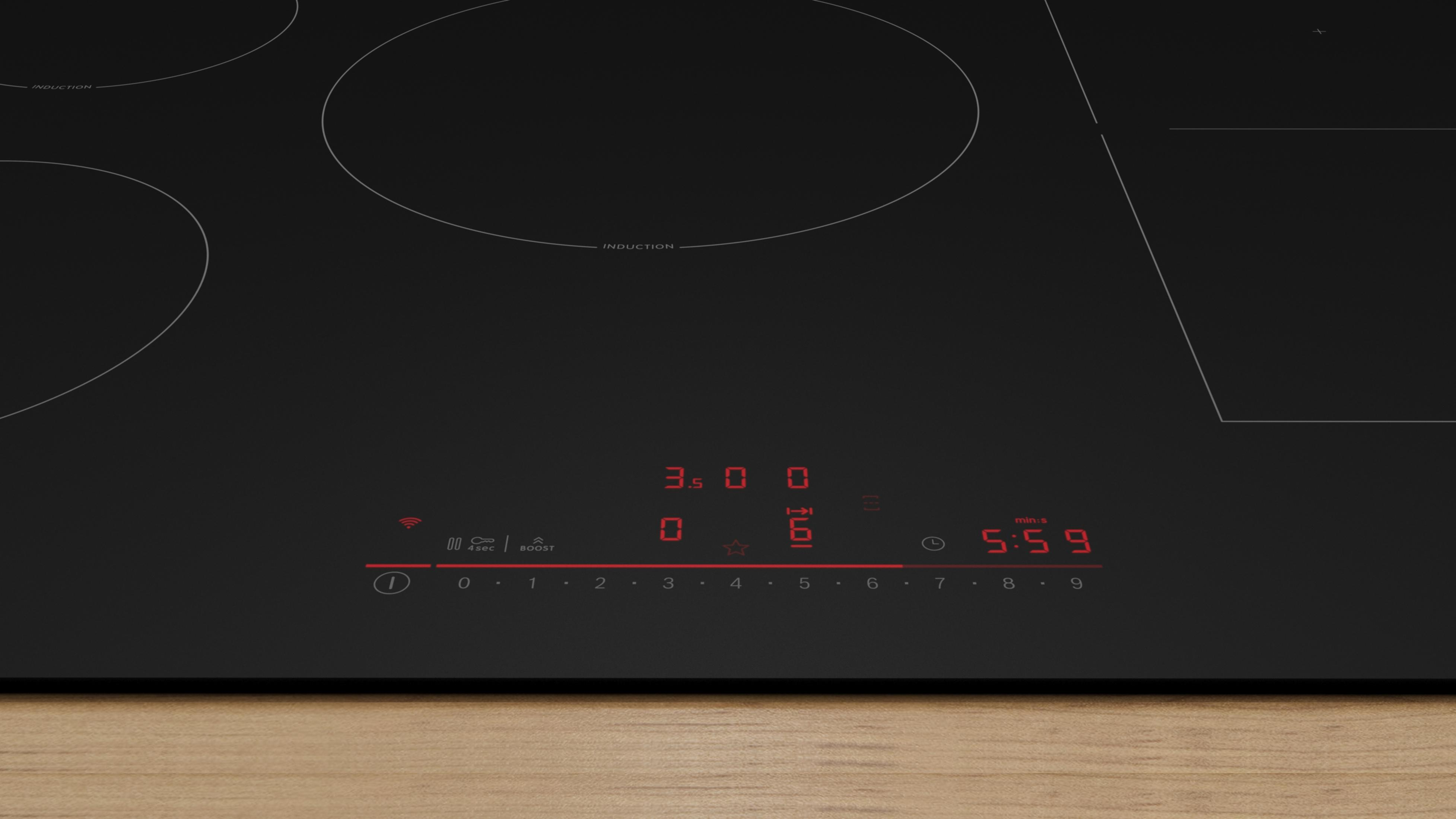 Czarna płyta indukcyjna z czerwonymi wyświetlaczami cyfrowymi i kontrolkami.
