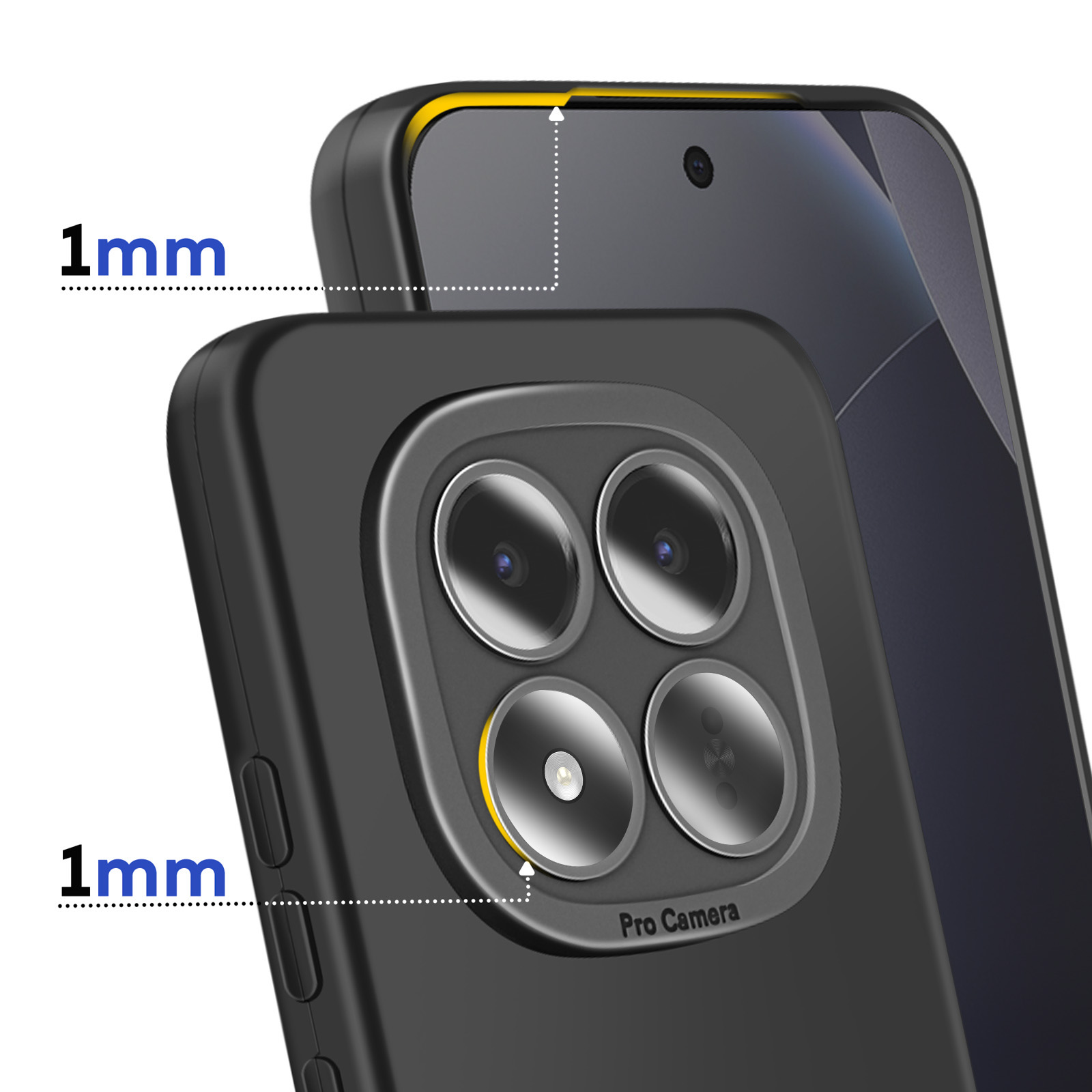 Coque de téléphone noire avec bords surélevés de 1 mm autour de la caméra Pro et de l'écran.