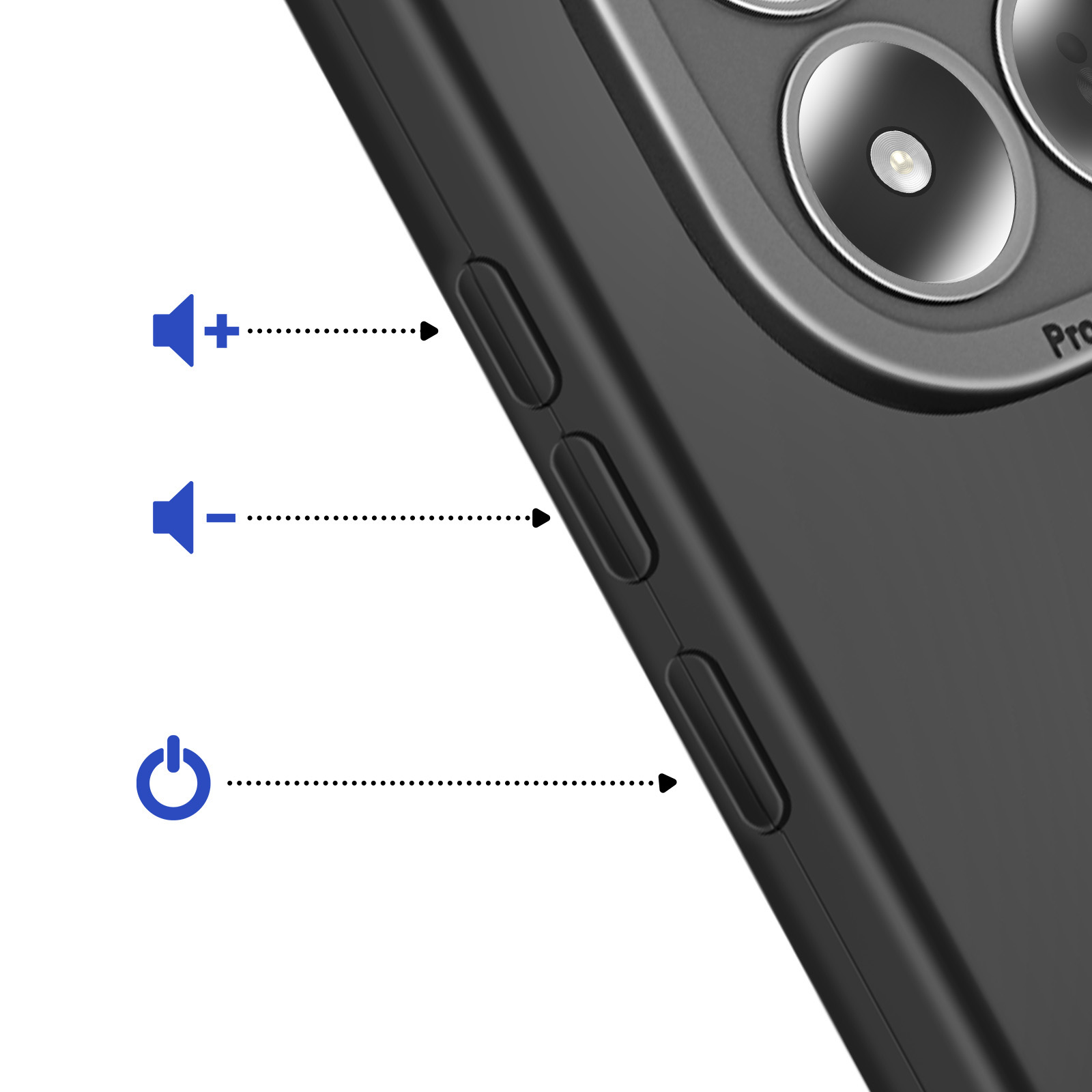 Téléphone noir avec boutons volume et alimentation, appareil photo visible.