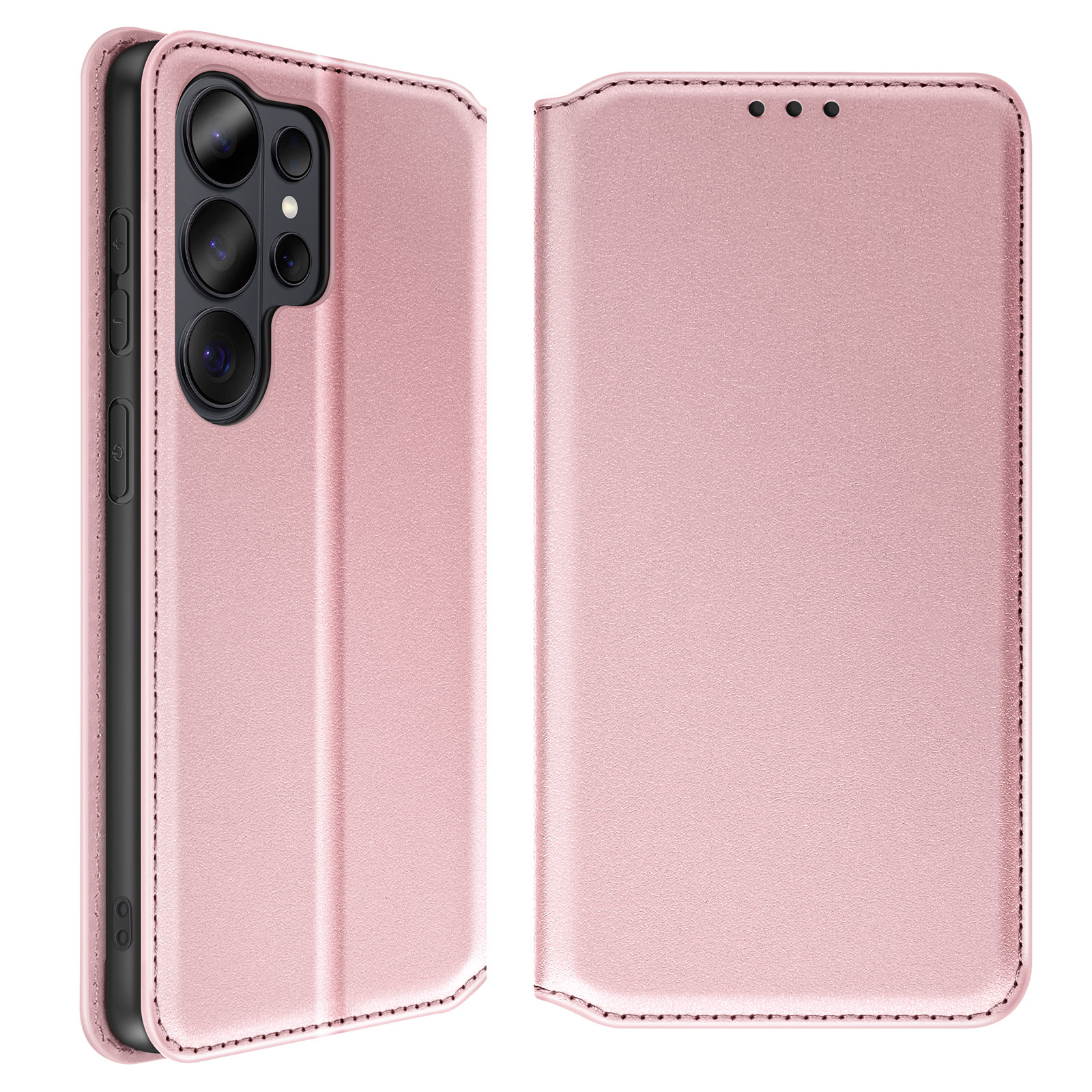 Una custodia per telefono rosa che mostra il sistema di fotocamere e tre porte di ricarica.